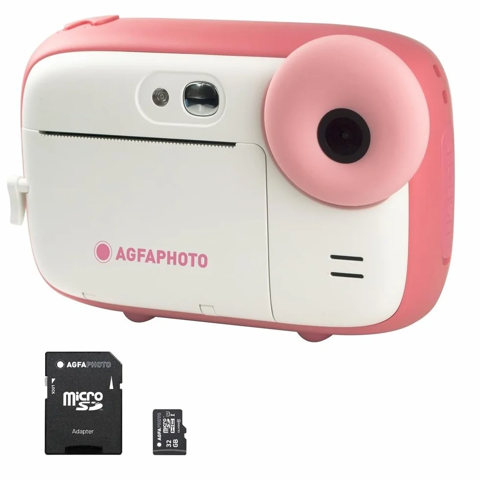 AGFA PHOTO Pakiet Realikids Instant Cam + 1 karta Micro SD 32GB - natychmiastowa kamera dla dzieci, 2,4-calowy wyświetlacz LCD, bateria litowa, lusterko do selfie i filtr fotograficzny - różowy