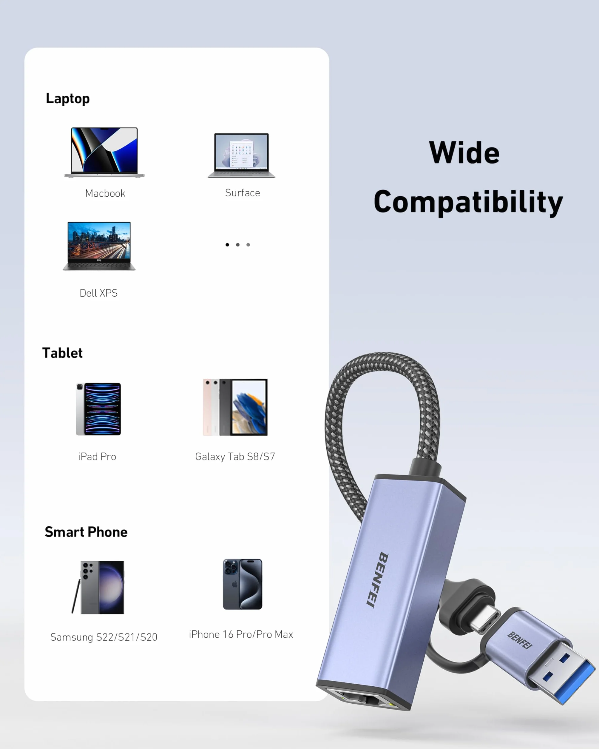 BENFEI Adapter Ethernet, adapter USB 3.0 do RJ45 1000 Mb/s Gigabit LAN kompatybilny z MacBookiem, Surface Pro, PC z Windows 7/8/10, XP, Vista, Mac [aluminiowa obudowa i kabel nylonowy]