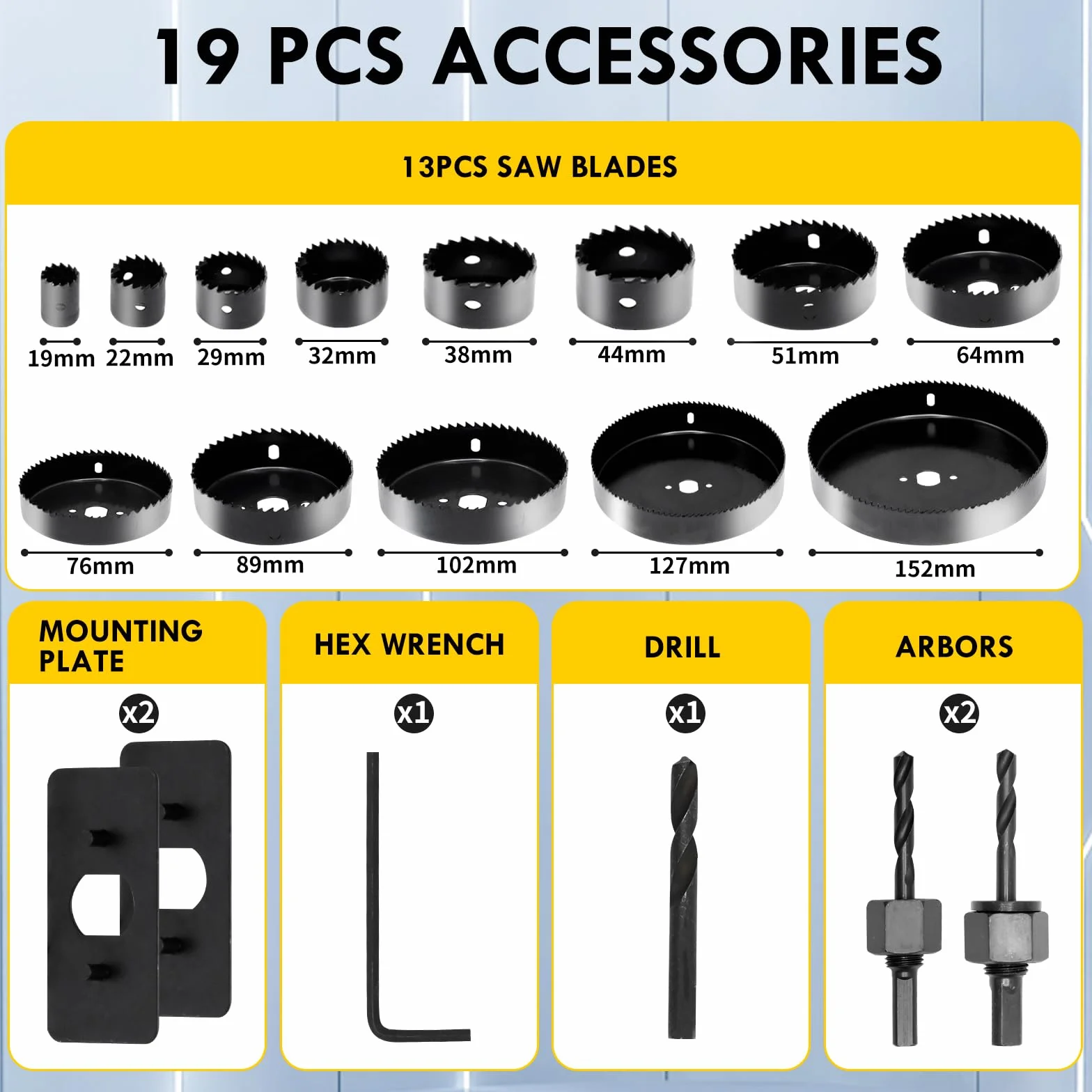 CCLIFE Zestaw otwornic Ø 19 mm - 152 mm bimetal 19-częściowy zestaw otwornic otwornica głębokość cięcia 25 mm do drewna, tworzywa sztucznego, płyt gipsowo-kartonowych