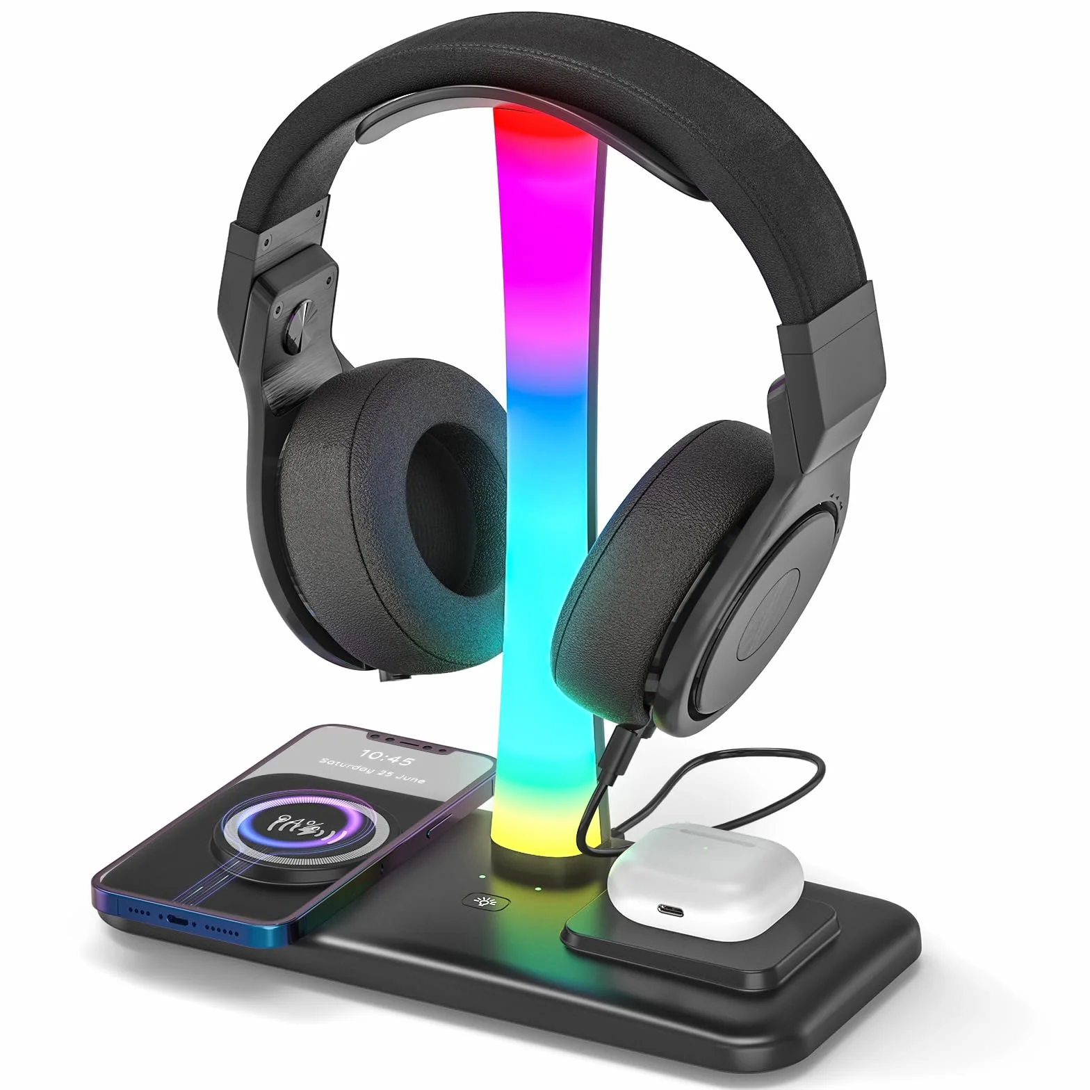 Stojak na Słuchawki 3 w 1 RGB Bezprzewodowe Ładowanie 7 Trybów Świietlnych 1 Port USB