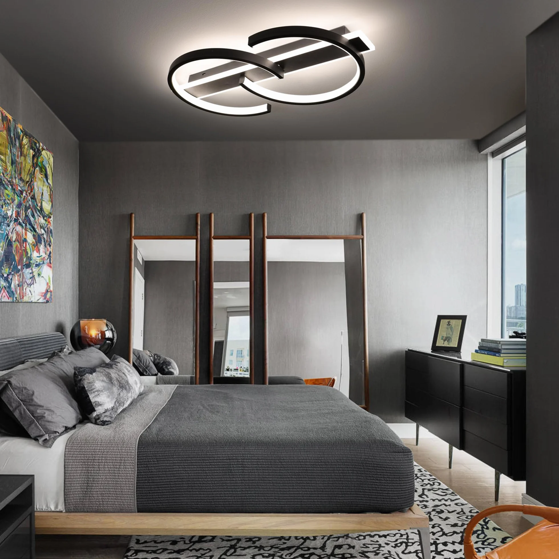 LUOLONG Lampa sufitowa LED ściemnialna czarna lampa do salonu 35 W z pilotem 2 pierścienie lampa sufitowa do sypialni gabinet nowoczesne oświetlenie sufitowe led-40 cm Schwarz