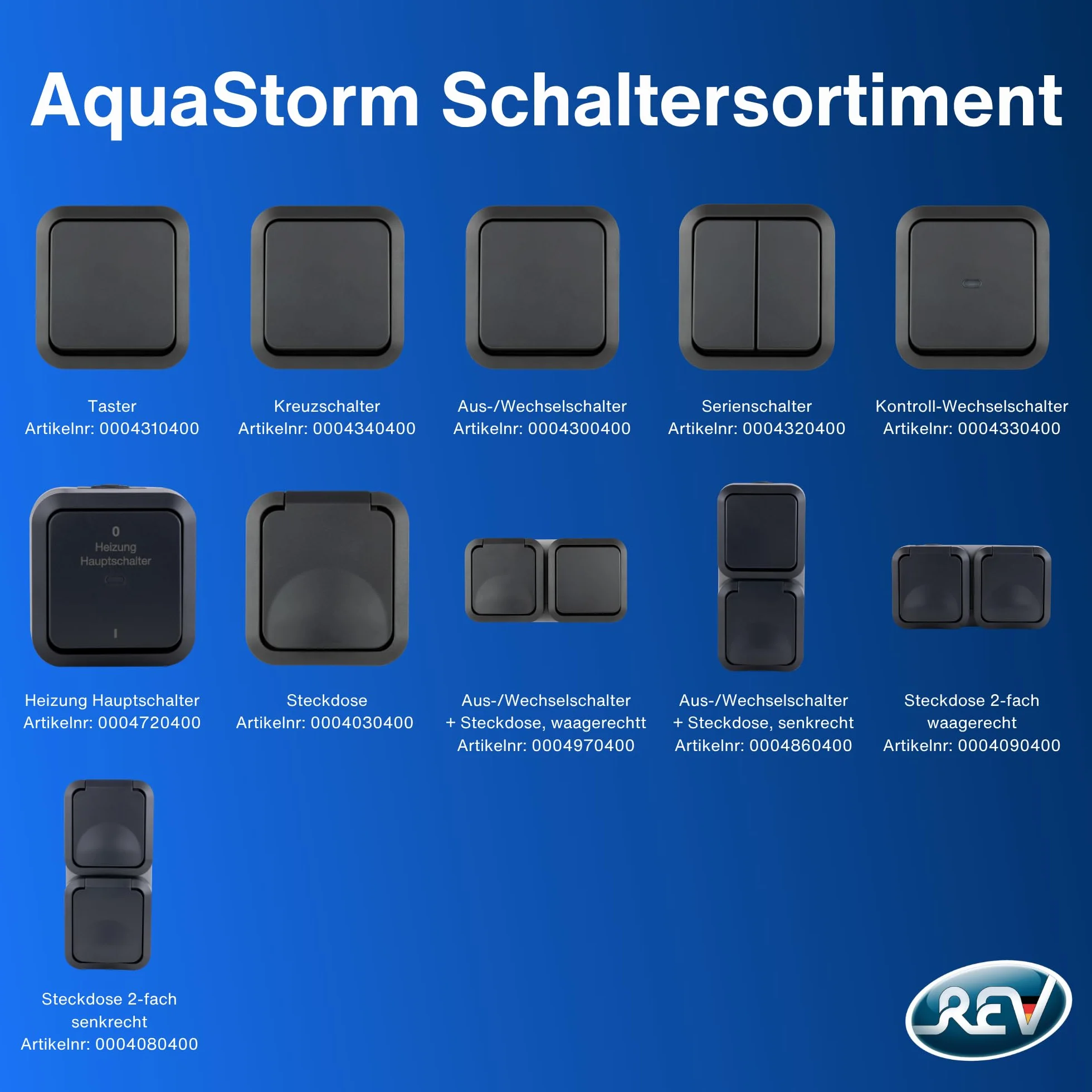 REV - AquaStorm, przełącznik krzyżowy, włącznik światła do wilgotnych pomieszczeń IP55, jednobiegunowy, natynkowy, 230 V, 10 A, antracyt