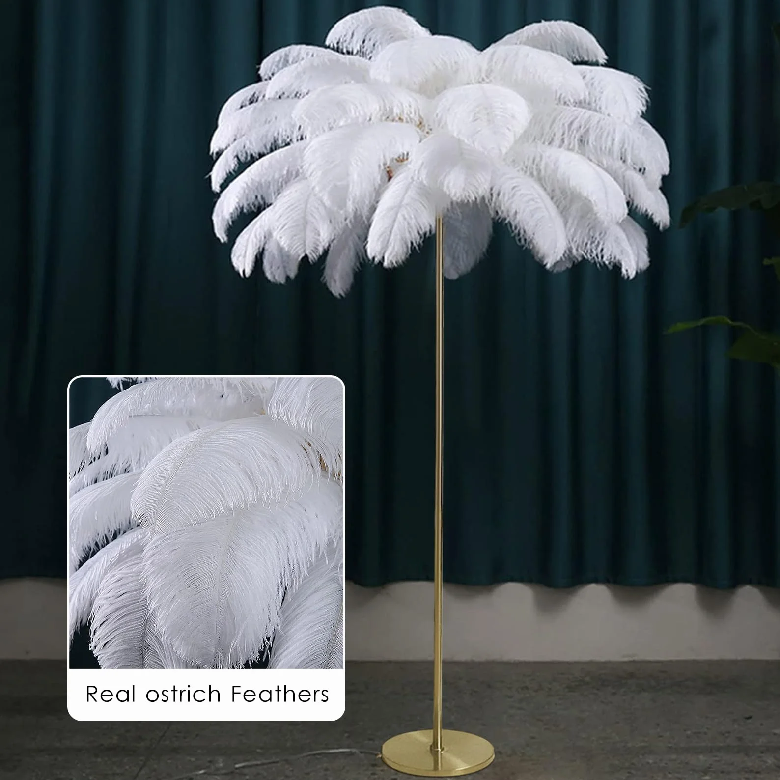 Lampa podłogowa z piór, lampa stojąca z naturalnych strusich piór, prosta lampa dekoracyjna do sypialni i salonu, ze złotym korpusem, 3 kolorami ściemniania i żarówką LED G4