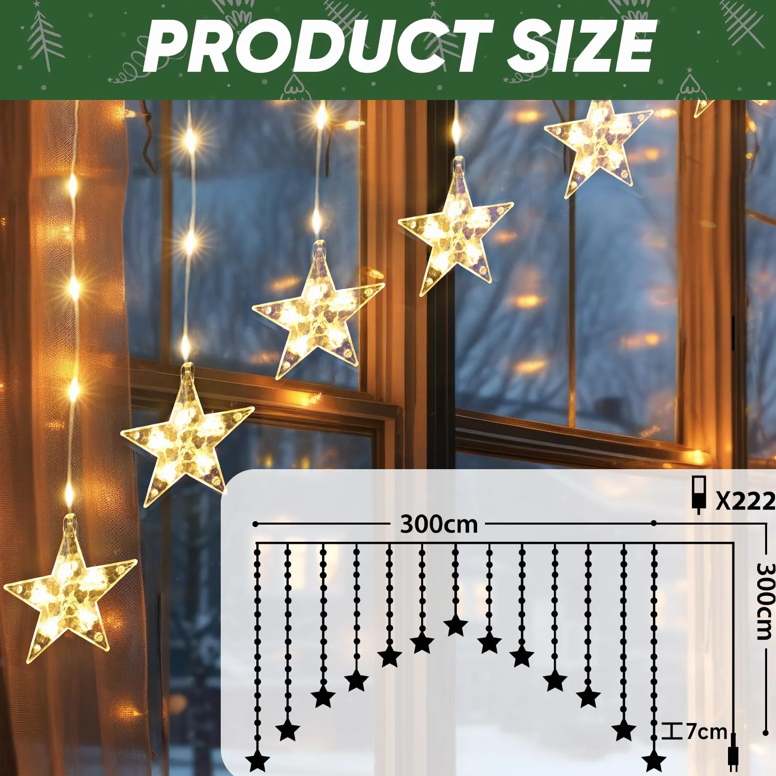 SALCAR Kurtyna świetlna LED, 3 m, 222 diody LED z 16 gwiazdami, łańcuch świetlny LED, dekoracja okienna, gwiazda z timerem, oświetlenie bożonarodzeniowe na Boże Narodzenie, balkon, imprezę, wesele –