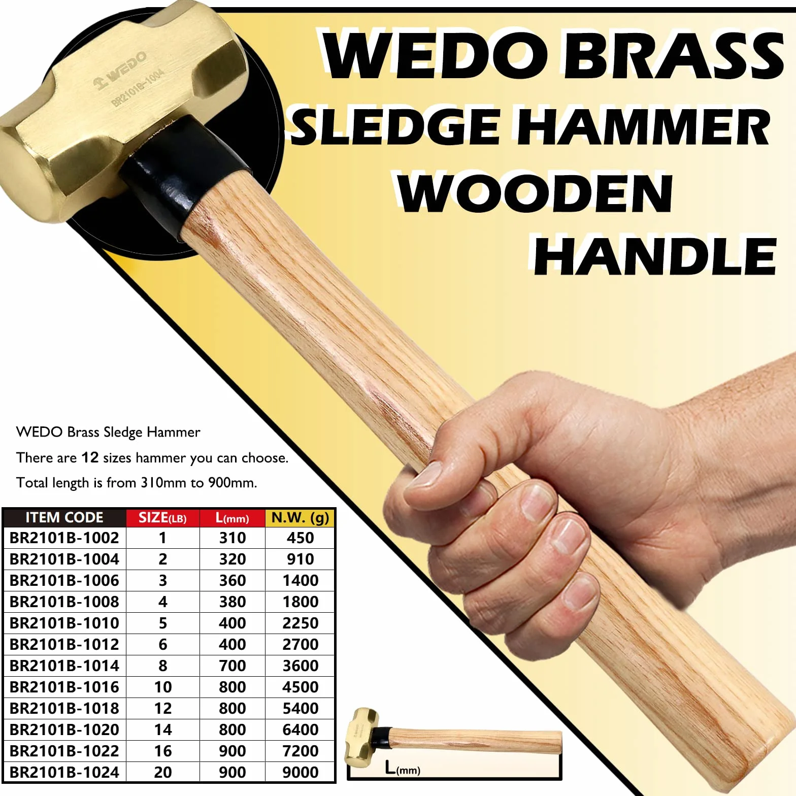 WEDO Mosiężny młot kowalski z drewnianym uchwytem, niemagnetyczny, kuty matrycowo, odporny na korozję, standard DIN, 1350 g, 360 mm