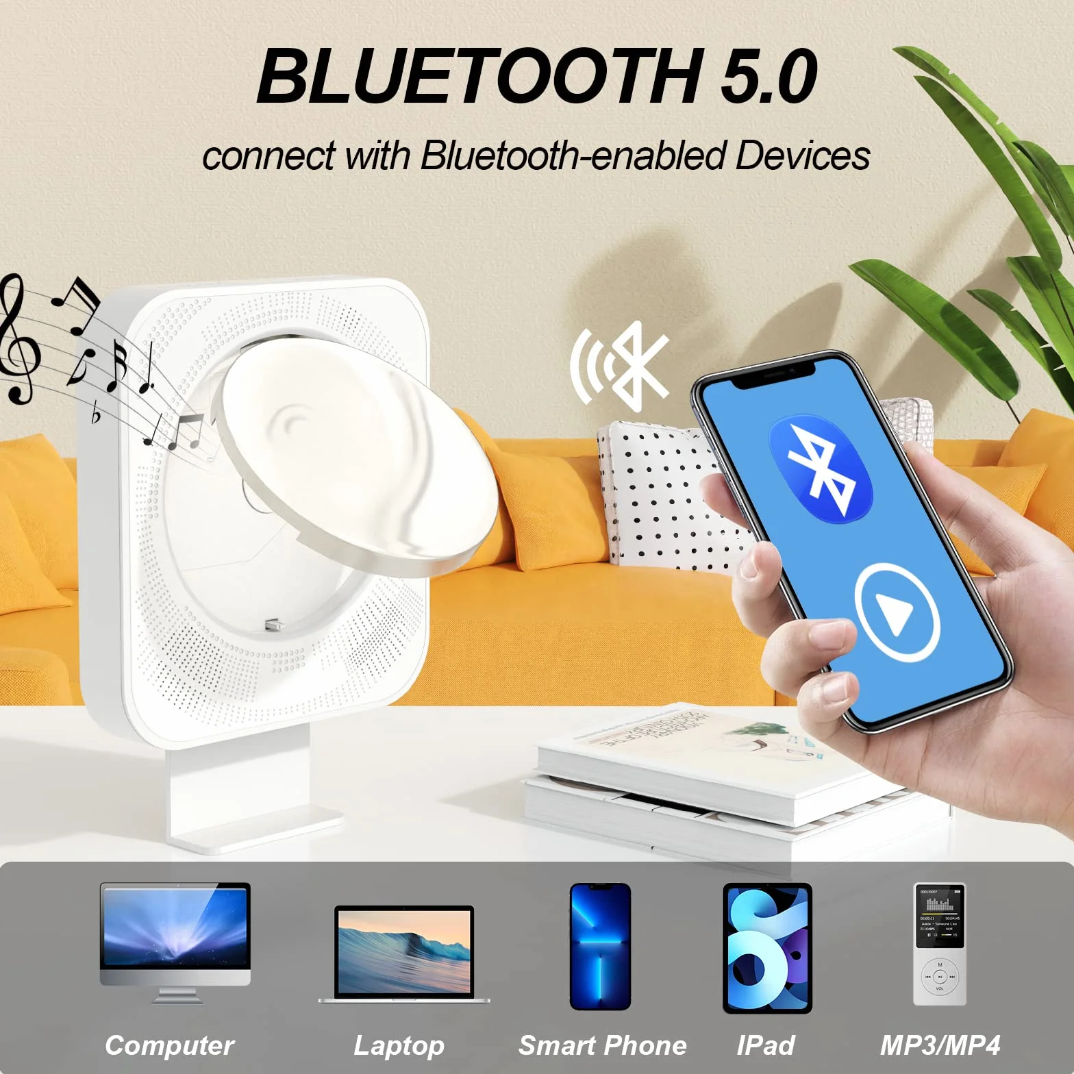 Przenośny odtwarzacz CD Bluetooth z radiem FM, głośniki HiFi USB MP3, wejście AUX 3,5 mm