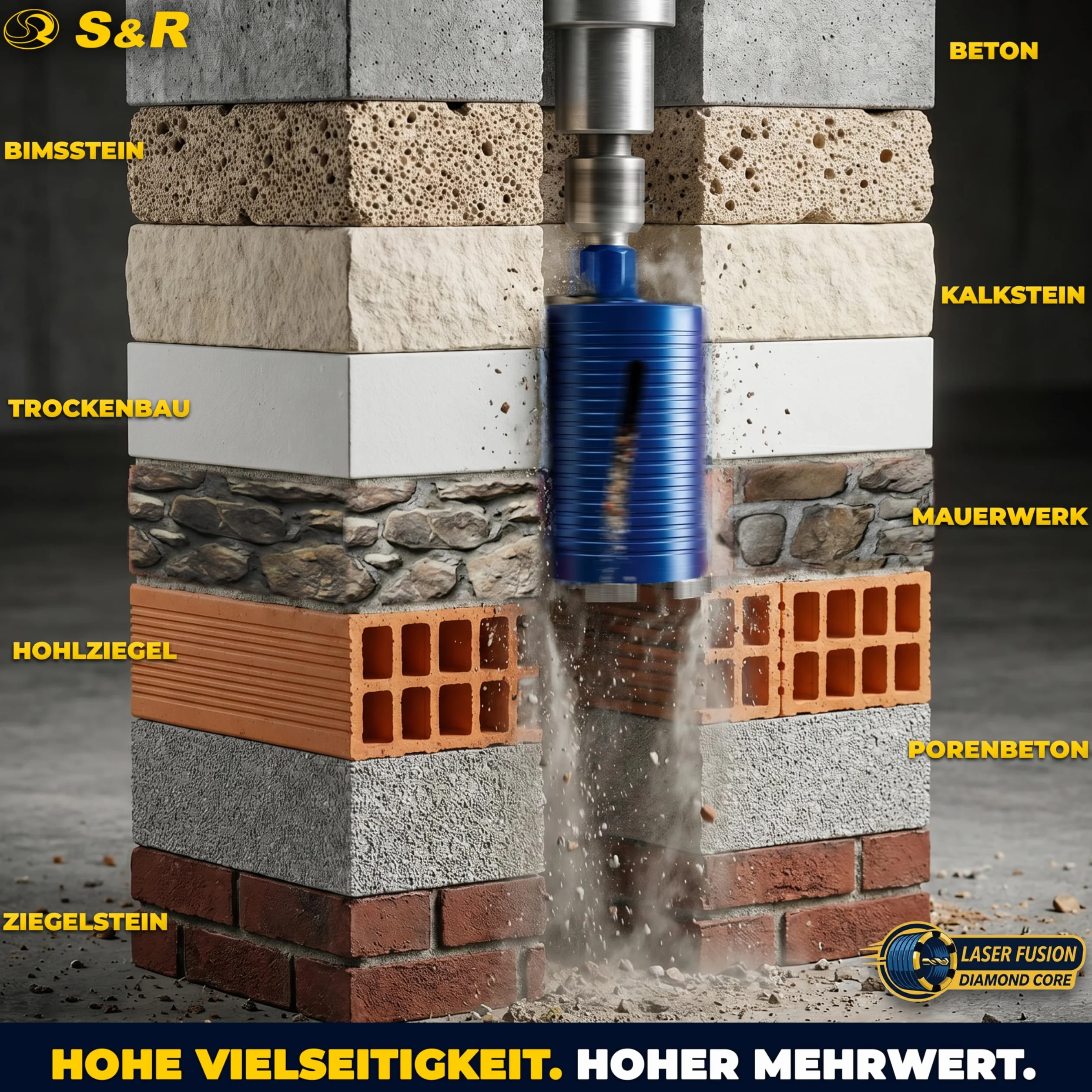 S&R Diamentowa koronka wiertnicza 122 mm, wiertło rdzeniowe M22, długość 200 mm, segment 10 mm, wiertło centrujące, adapter SDS-plus, koronka wiertnicza na sucho, diamentowa koronka wiertnicza do