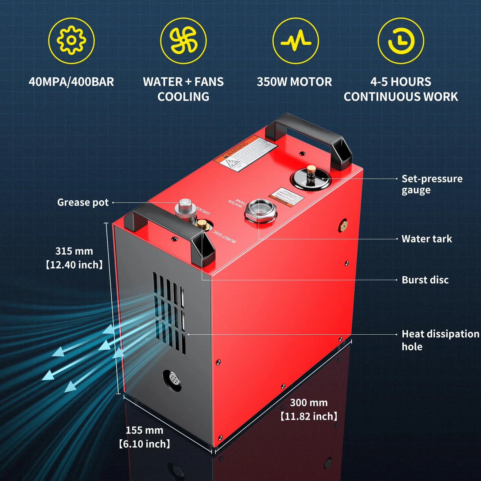 GX PUMP CS4-I Przenośna sprężarka powietrza PCP, kompresor pcp,mocny silnik 350 W, maks. 5800 Psi/40 Mpa, wbudowany konwerter domowy, chłodzenie wody i wentylatorów, 5 godzin ciągłej pracy