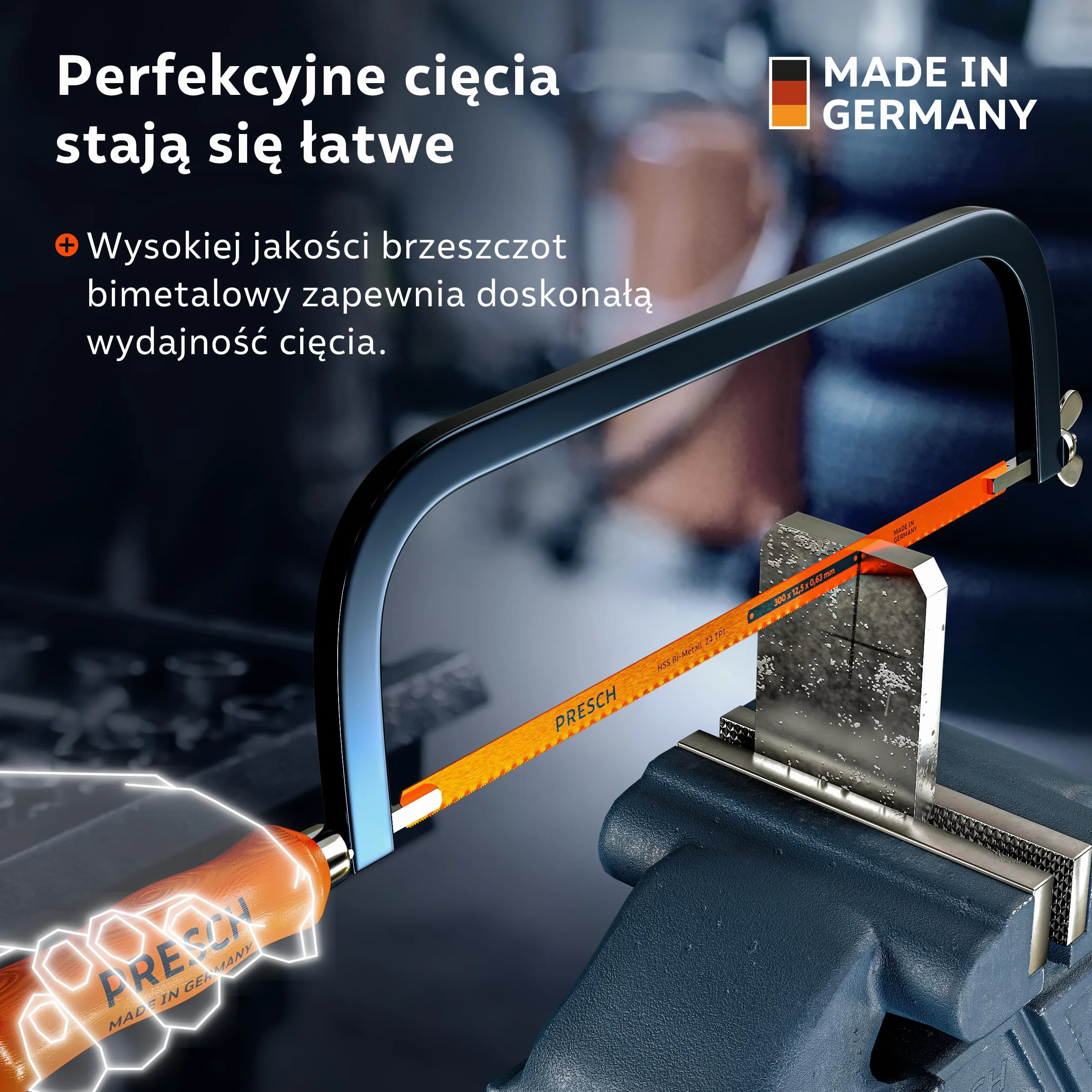Presch Piła do metalu 300mm - Z brzeszczotem BI-metal do precyzyjnego cięcia - Obrót brzeszczotu o 90° do cięć poziomych i pionowych - Szybka wymiana brzeszczotów - Pila ręczna
