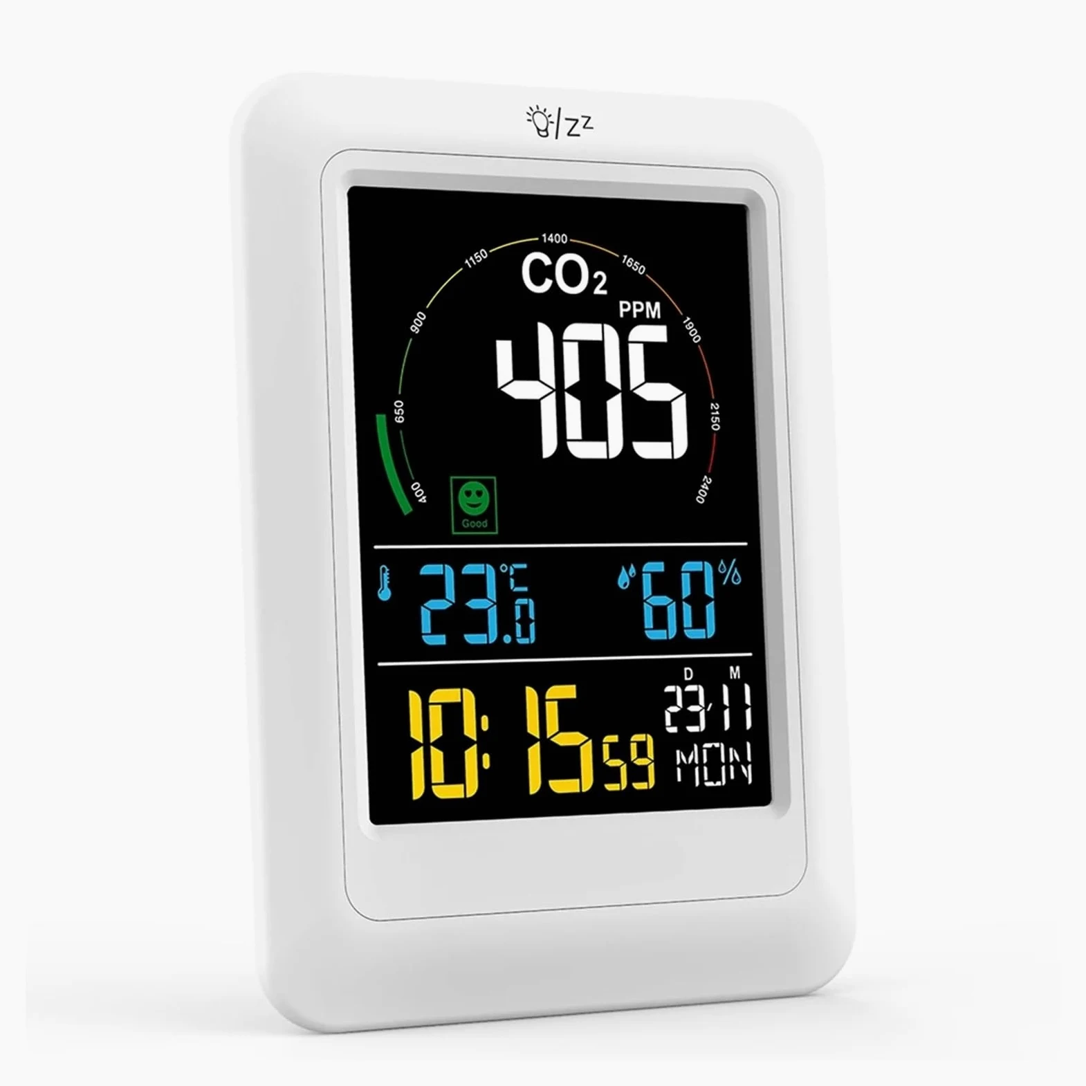 monitor co2, 5 w 1 Monitor jakości powietrza Miernik CO2 dwutlenku węgla czasie rzeczywistym Cyfrowy czujnik temperatury i wilgotności do domu, biura, samochodu(C1 White)