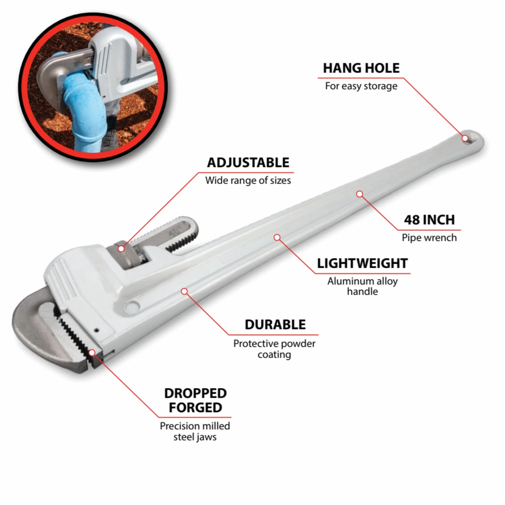 PERFORMANCE TOOL W2148 aluminiowy regulowany prosty klucz do rur o dużej wytrzymałości, 122 cm