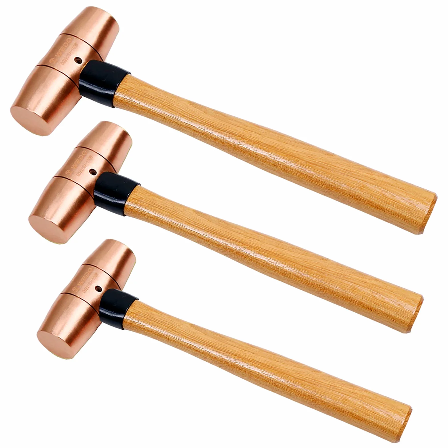 WEDO 3 szt. zestaw młotów miedzianych, 1/2 lb + 0,5 kg + 0,9 kg, zestaw młotka kowalskiego, masywny miedziany młotek, drewniany uchwyt młotka, kuty matrycowo, odporny na korozję, standard DIN