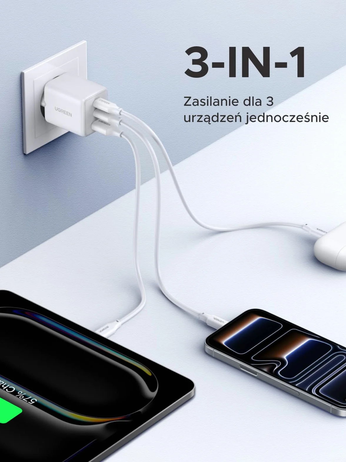 UGREEN ładowarka USB C 30W 3-portowy GaN II adapter szybkiej ładowania PD biały