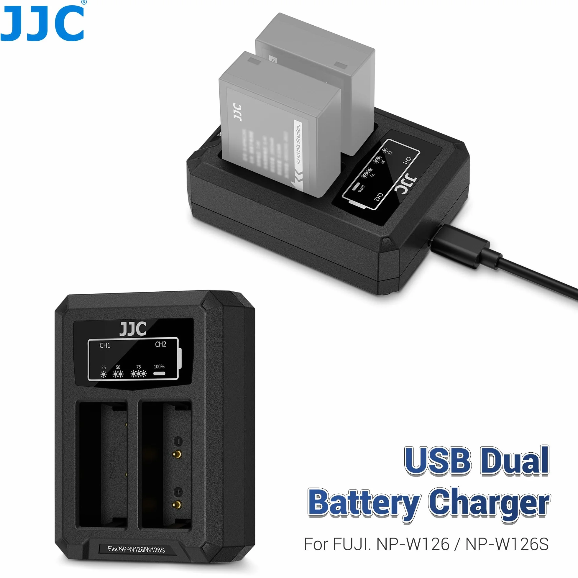 JJC Ładowarka podwójna baterii USB-C z kablem ładującym, kompatybilna z aparatami Fujifilm X-E5 X-E4 X-E3 X-E2 X100VI X100V X-Half X-PRO3 X-PRO2 X-T50 X-T30II X-T30 zamiennik Fuji NP-W126/NP-W126s