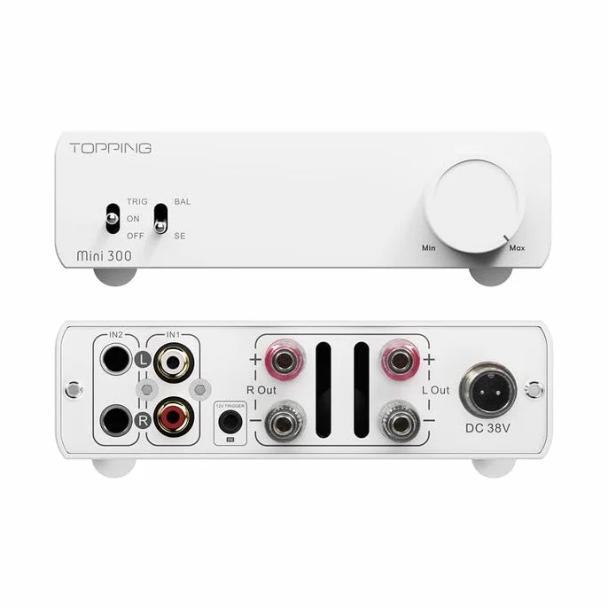 Topping Mini300 wzmacniacz stereo HiFi o dużej mocy, klasa D zrównoważony, 140 W × 2 przy 4Ω, 124 dB SNR, automatyczna synchronizacja mocy, TRS Balans i RCA, wzmacniacz biurkowy do głośników pasywnych