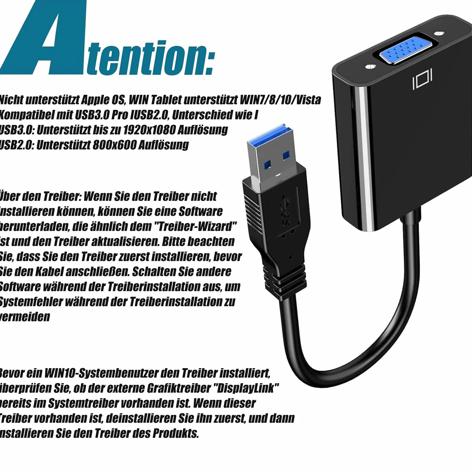 GERUI Adapter USB na VGA, konwerter USB 3.0/2.0 na VGA, HD 1080p
