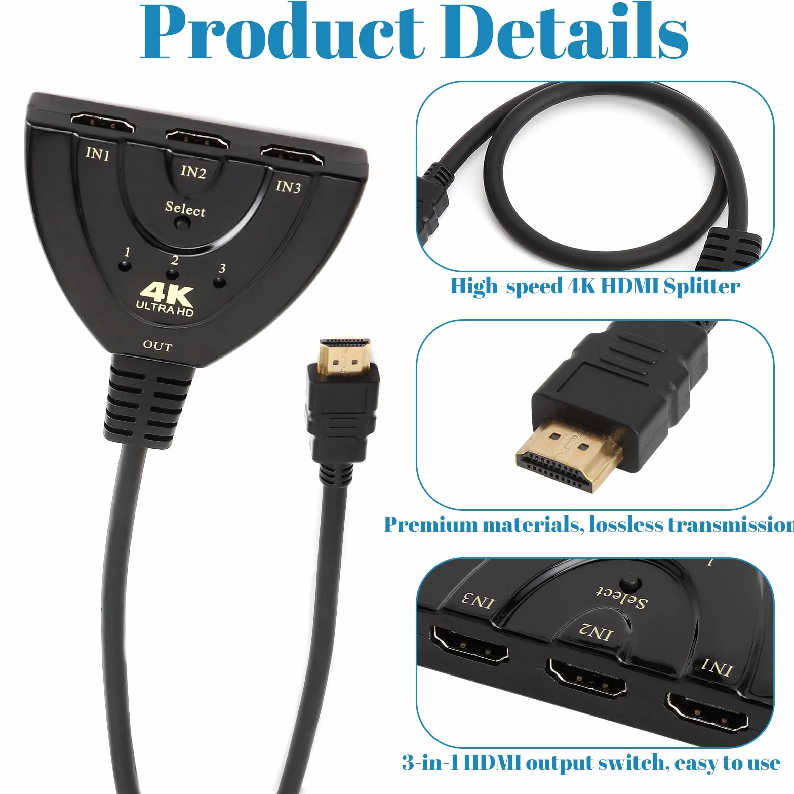 TNSLAND Rozdzielacz HDMI 4K 3 w 1 Przełącznik UHD do PS5 PS4 Xbox Laptopa HDTV