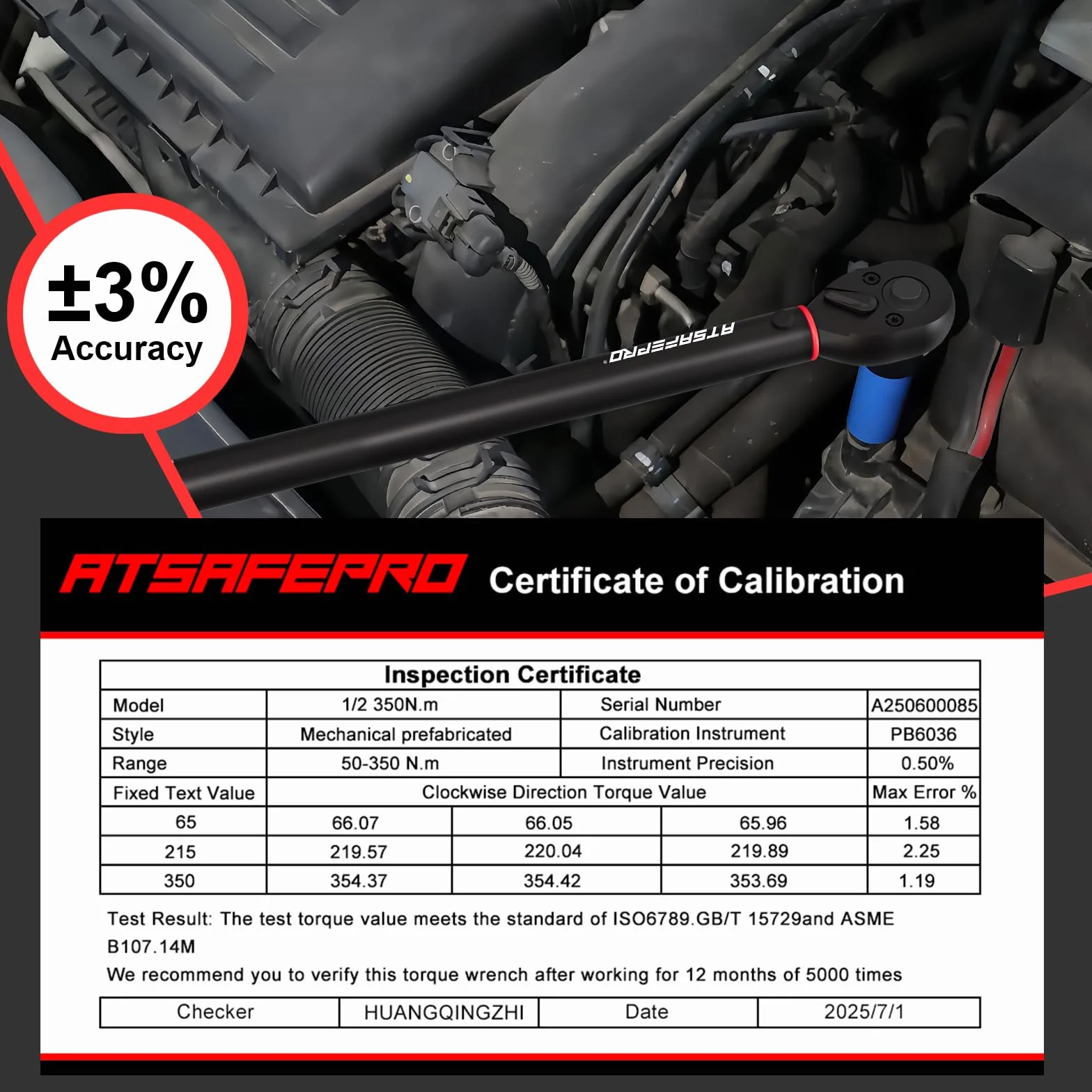 ATsafepro Klucz Dynamometryczny 1/2 Cala,50-350 Nm,Dokładność ±3%,Grzechotka Dwukierunkowa Z 72 Zębami,Torque kluczy Grzechotkowych Nadaje Się Do Napraw Samochodowych,Konserwacji Przemysłowej I Montaż