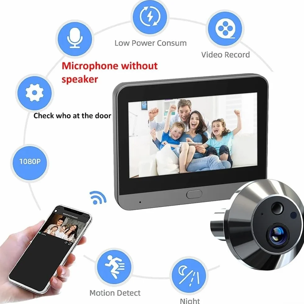 Cyfrowa kamera do monitorowania drzwi z ekranem 4,3 cala 1080P inteligentna wizjer WiFi połączona wykrywanie ruchu dla domu