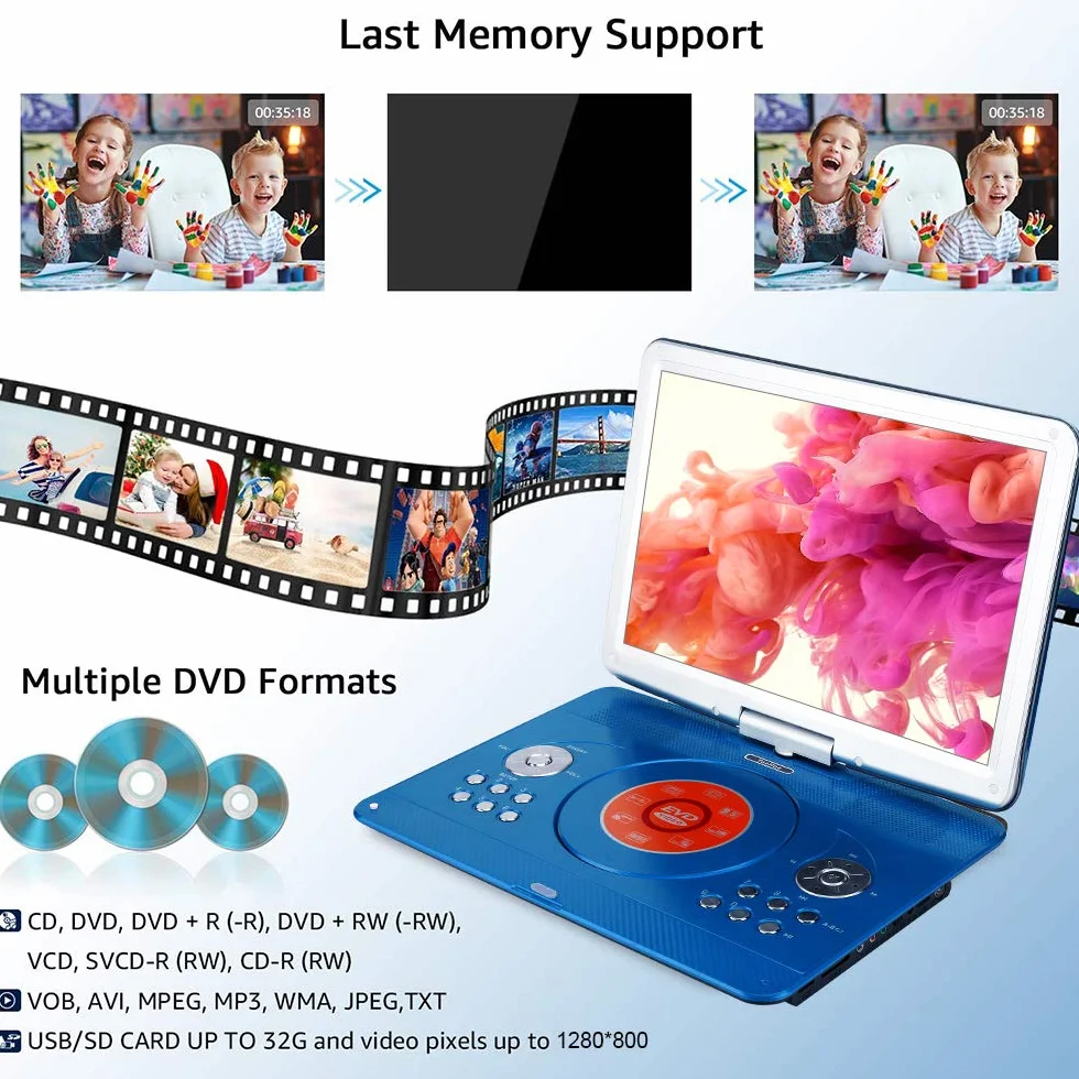 YOOHOO Przenośny Odtwarzacz DVD 16,9'' do Samochodu i Dzieci z Ekranem HD 14,0'', z Baterią 3500 mAh, Obsługuje Karty SD i USB, Niebieski