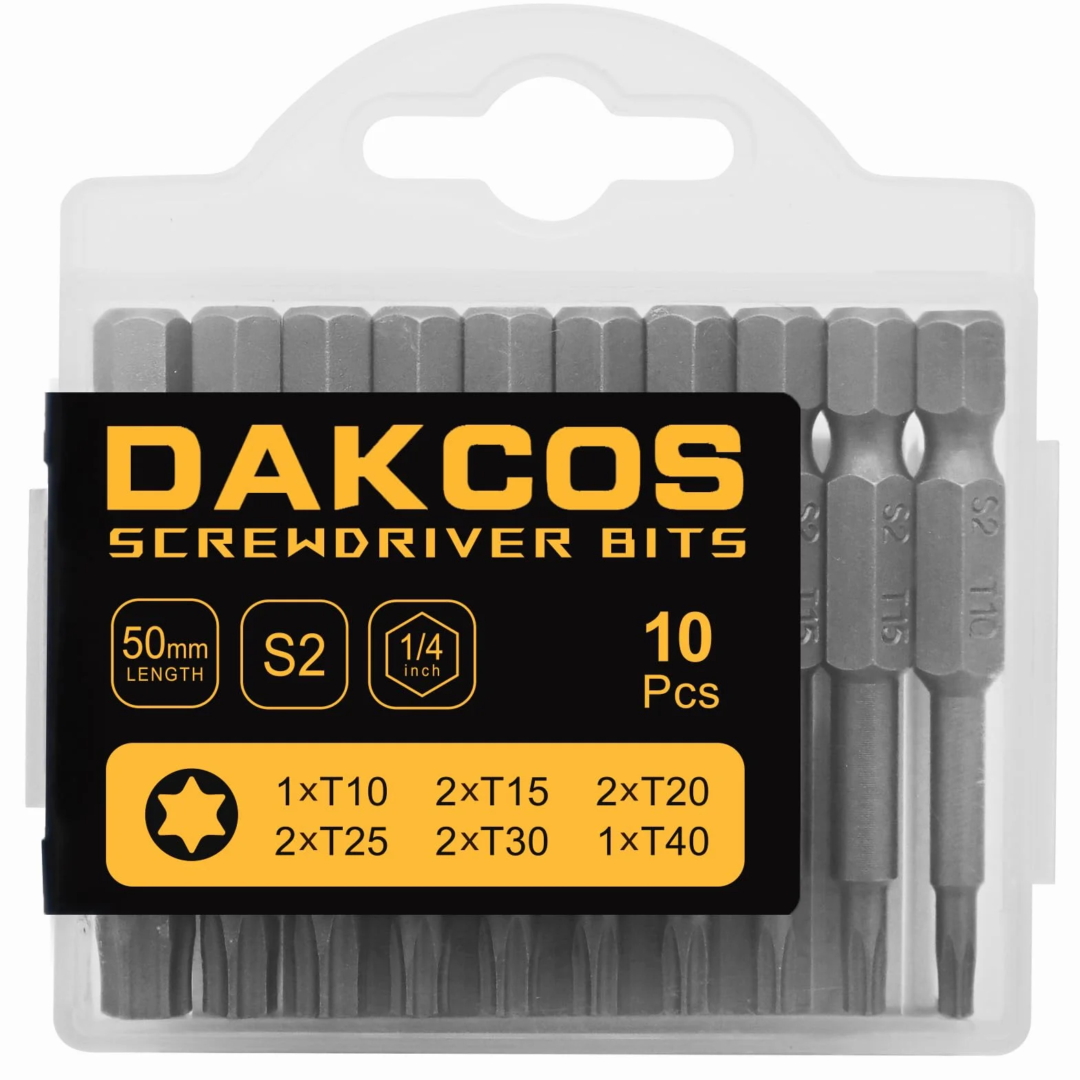 DAKCOS Torx zestaw bitów długich, T10-T15-T20-T25-T30-T40, asortyment bitów z S2 (długość: 50 mm, 10 sztuk)