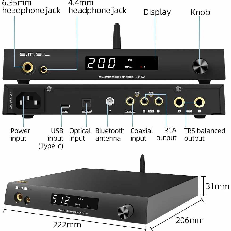S.M.S.L DL200 wzmacniacz słuchawkowy ES9039Q2M MQA XMOS PCM768kHz/32bit DSD512 Bluetooth
