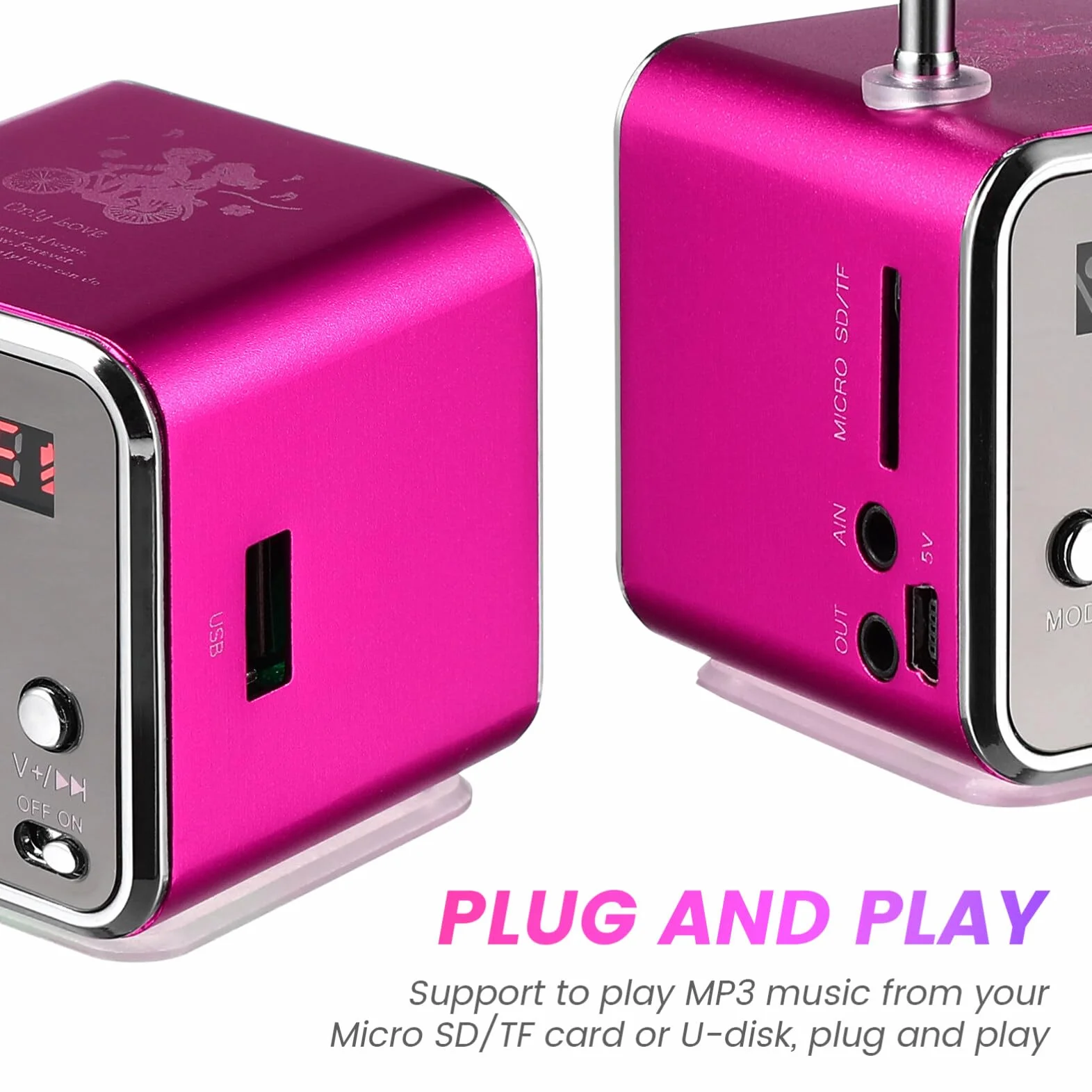 iplusmile -V26 cyfrowy głośnik mini radio FM stereo MP3 MP4 odtwarzacz muzyki obsługuje karty Micro Sd/TF/USB/Disk/Fm (różowy)