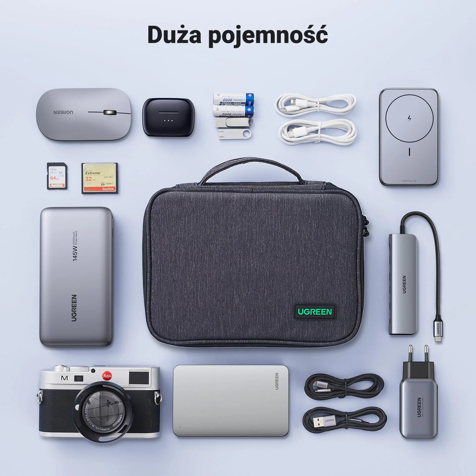 UGREEN Torba na elektronikę Organizer podróżny 3-warstwowa na kable, ładowarkę, powerbank, tablet