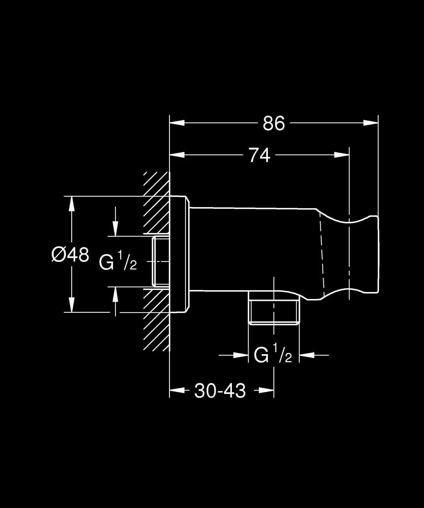 GROHE 26658DC0 Kolanko wylotowe prysznica z uchwytem na prysznic ręczny i okrągłą rozetą Ø 48 mm, gwint przyłączeniowy 1/5.1 cm, naścienny, zabezpieczony przed przepływem zwrotnym, supersteel