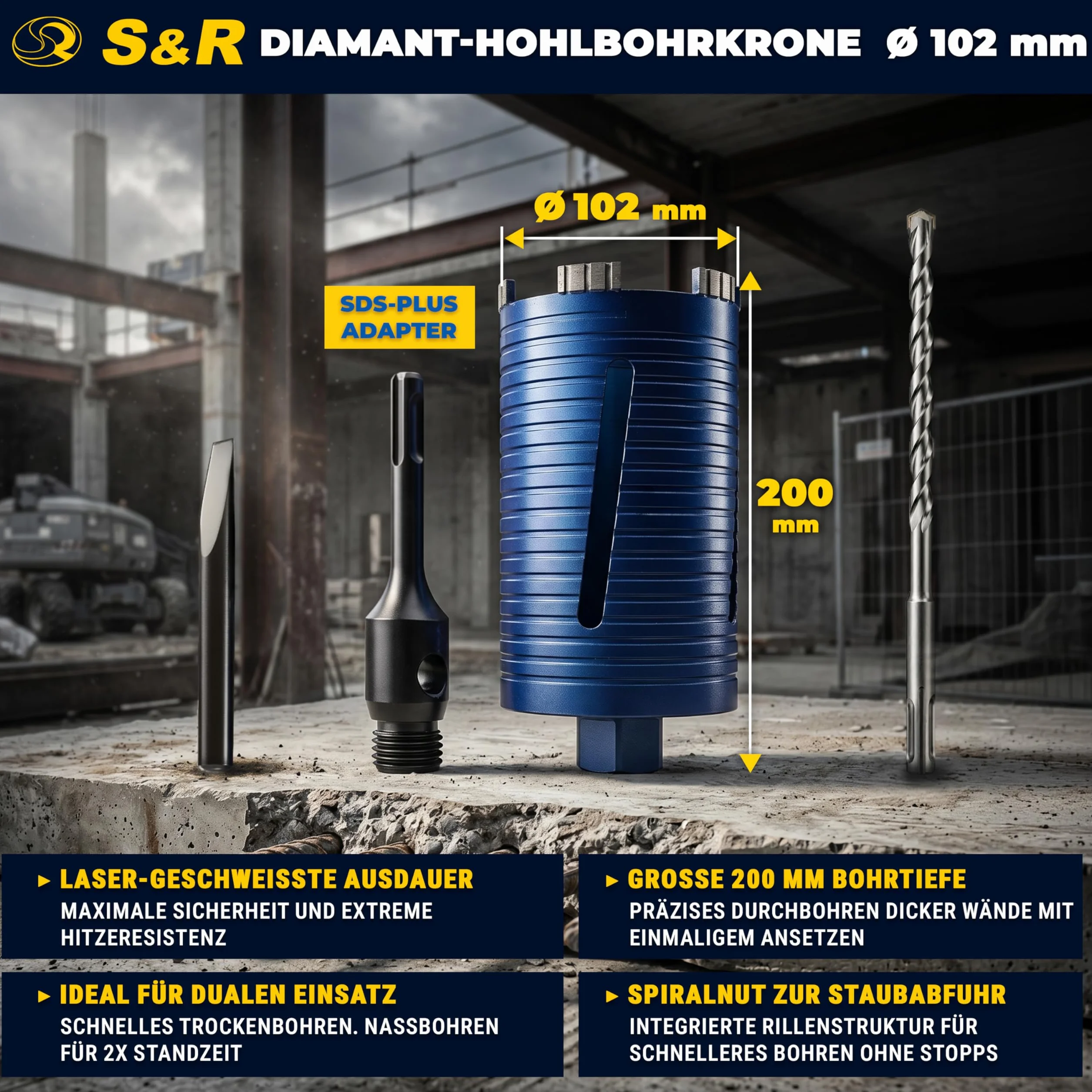 S&R Diamentowa koronka wiertnicza M22-102 mm, długość 200 mm segment 10 mm, wiertło centrujące i adapter SDS-plus, pogłębiacz puszek do betonu, muru, pustaka, betonu komórkowego