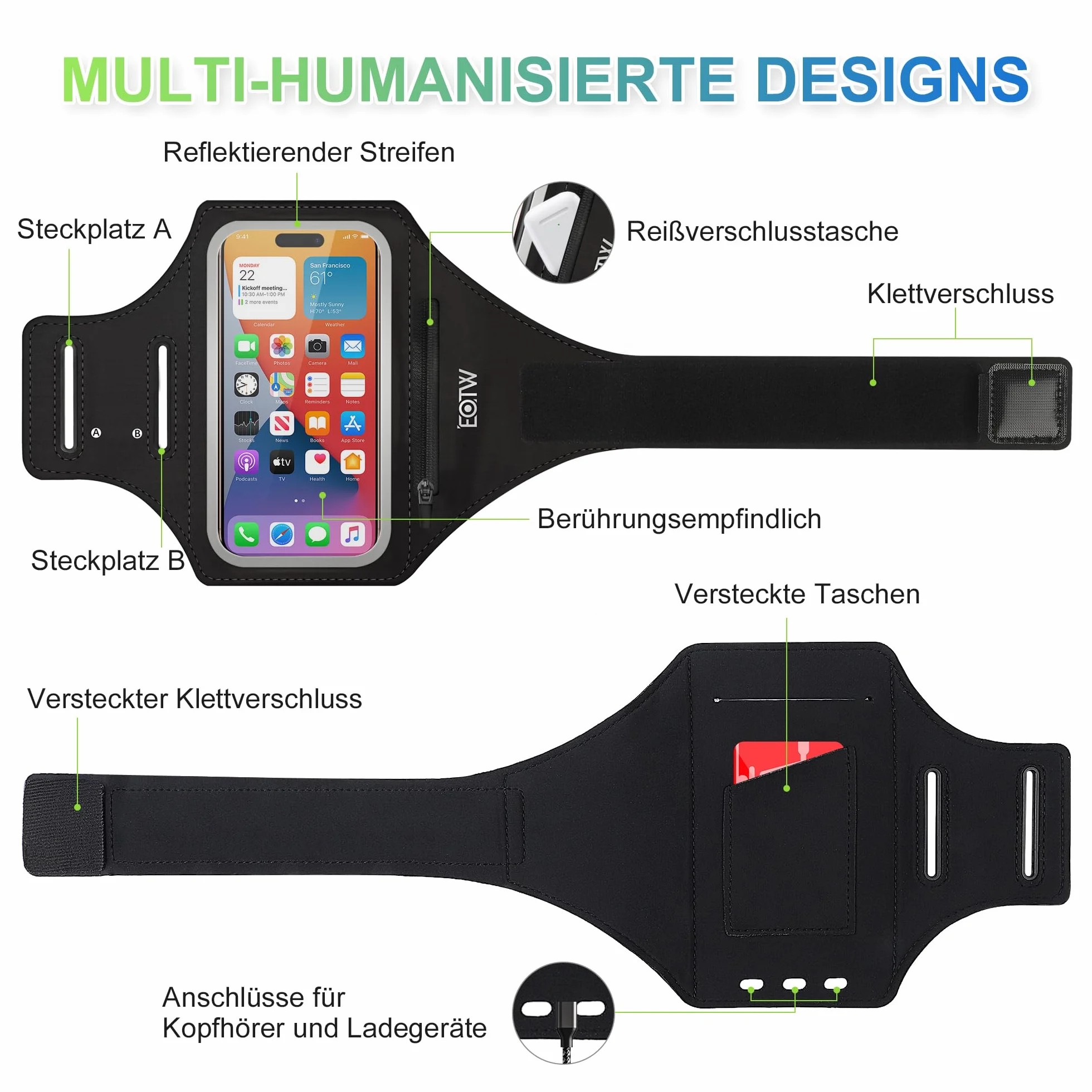 Bransoletka sportowa do joggingu z uchwytem na telefon etui Airpods MP3 iPhone 16/15/14/13 Pro Max Galaxy S24+/S23+/S22/S21 6,0-6,7 cala