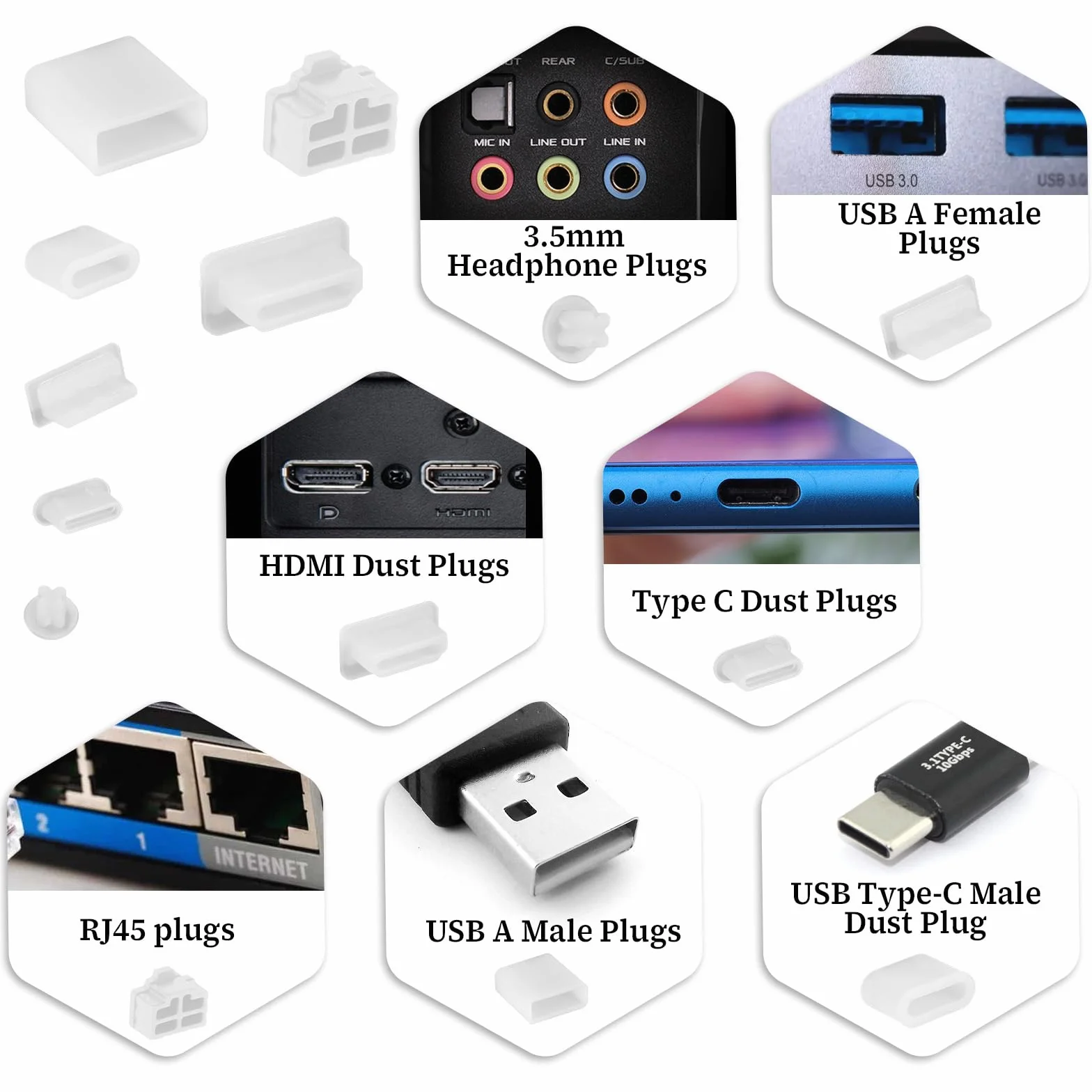 Silikonowe naski ochronne USB A USB-C HDMI 7 rodzajów 50 sztuk
