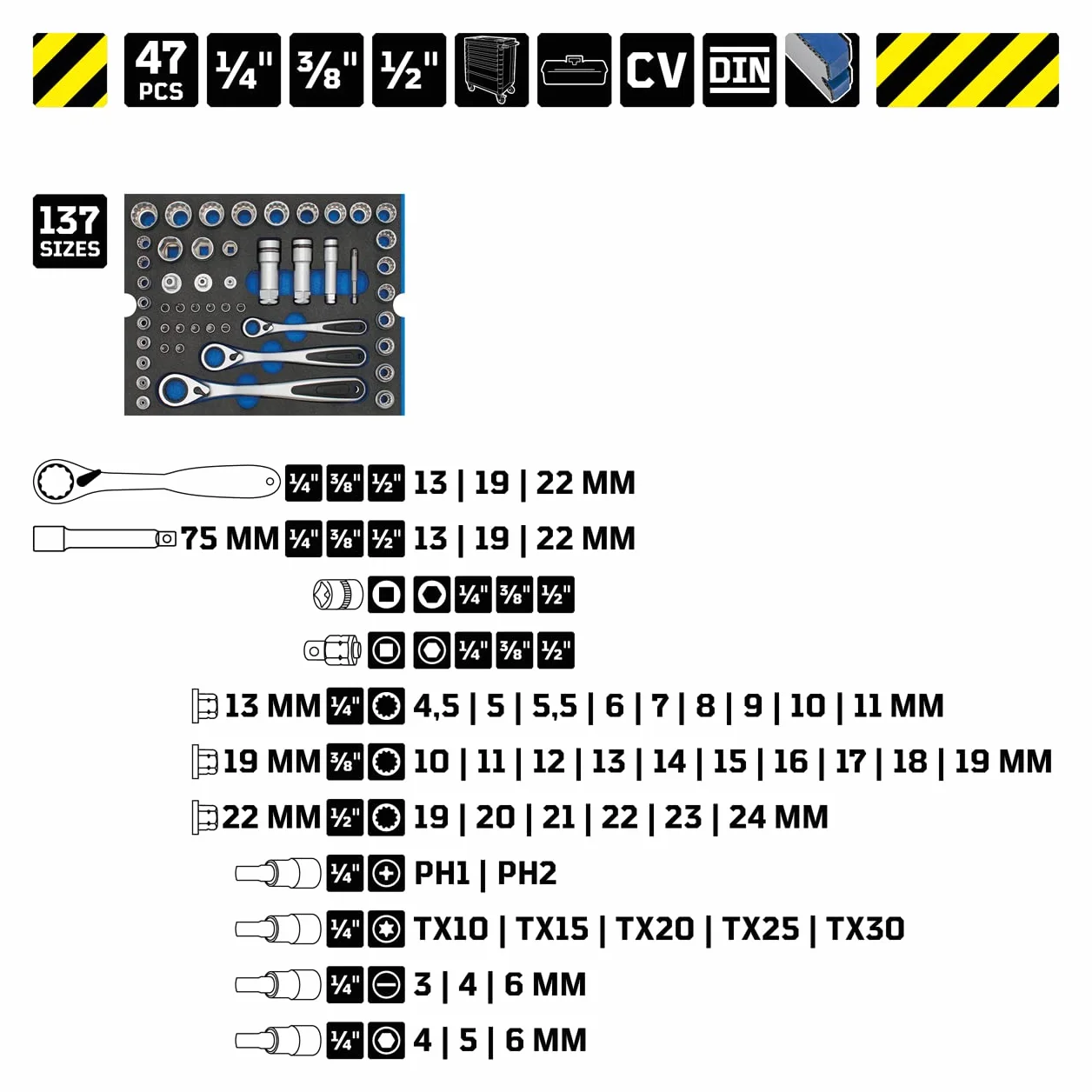 WGB Das Werkzeug Zestaw kluczy nasadowych z grzechotką i nasadkami nasadowymi 47-częściowy w narzędziu wkładka piankowa | 1/4" + 3/8" + 1/2" zestaw moduł 6510