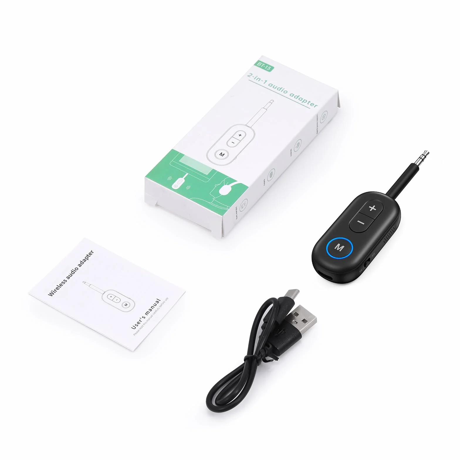 Nadajnik-odbiornik Bluetooth 5.3, adapter słuchawkowy bezprzewodowy AUX, redukcja szumów, 14h odtwarzania