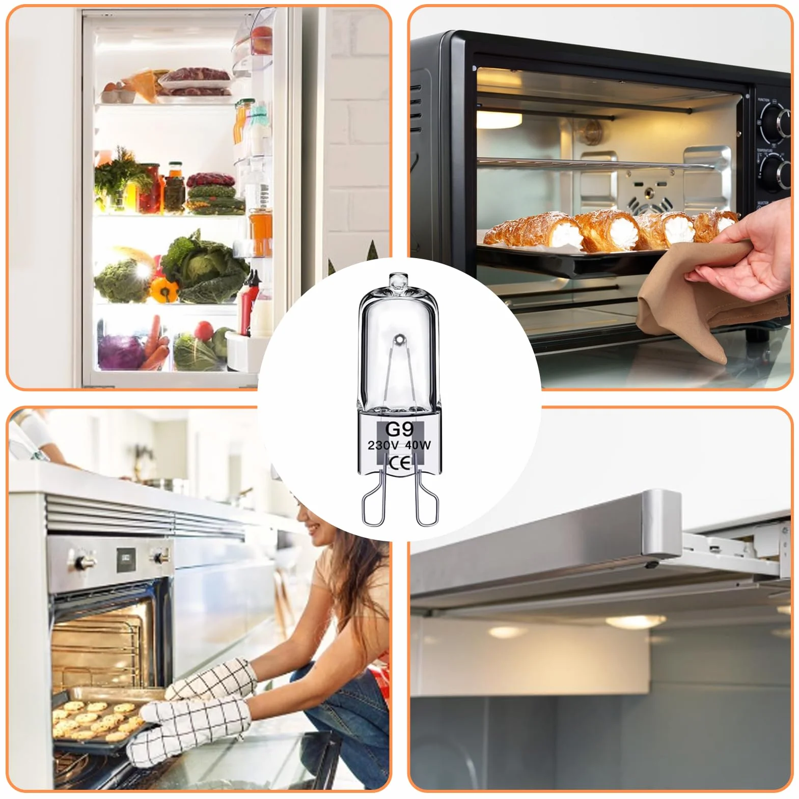 G9 lampa do piekarnika 40 W, halogenowa ściemniana 500 stopni, 230 V, 500 °C, odporna na wysoką temperaturę, ciepła biel, 2700 K, do piekarnika, lodówki, kuchenki mikrofalowej, okapu