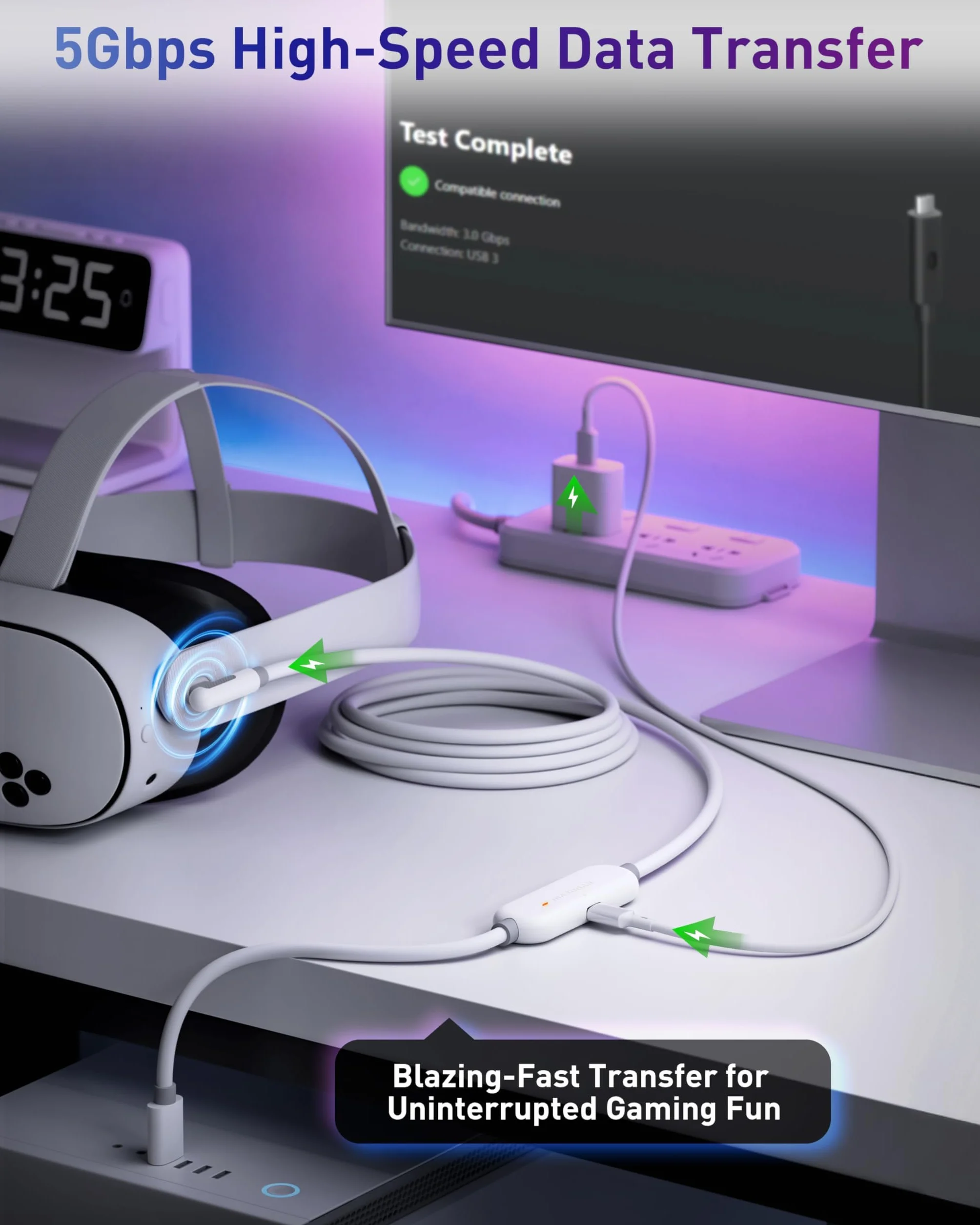 Maxonar [Next-Gen Chip] Kabel do ładowania VR 16FT Kompatybilny z Akcesoriami Meta Quest 3S/Quest 3/Oculus Quest 2/Pico 4 i PC/SteamVR, Niesamowity Prezent - Kabel USB 3.0 5 Gb/s do USB C - Biały
