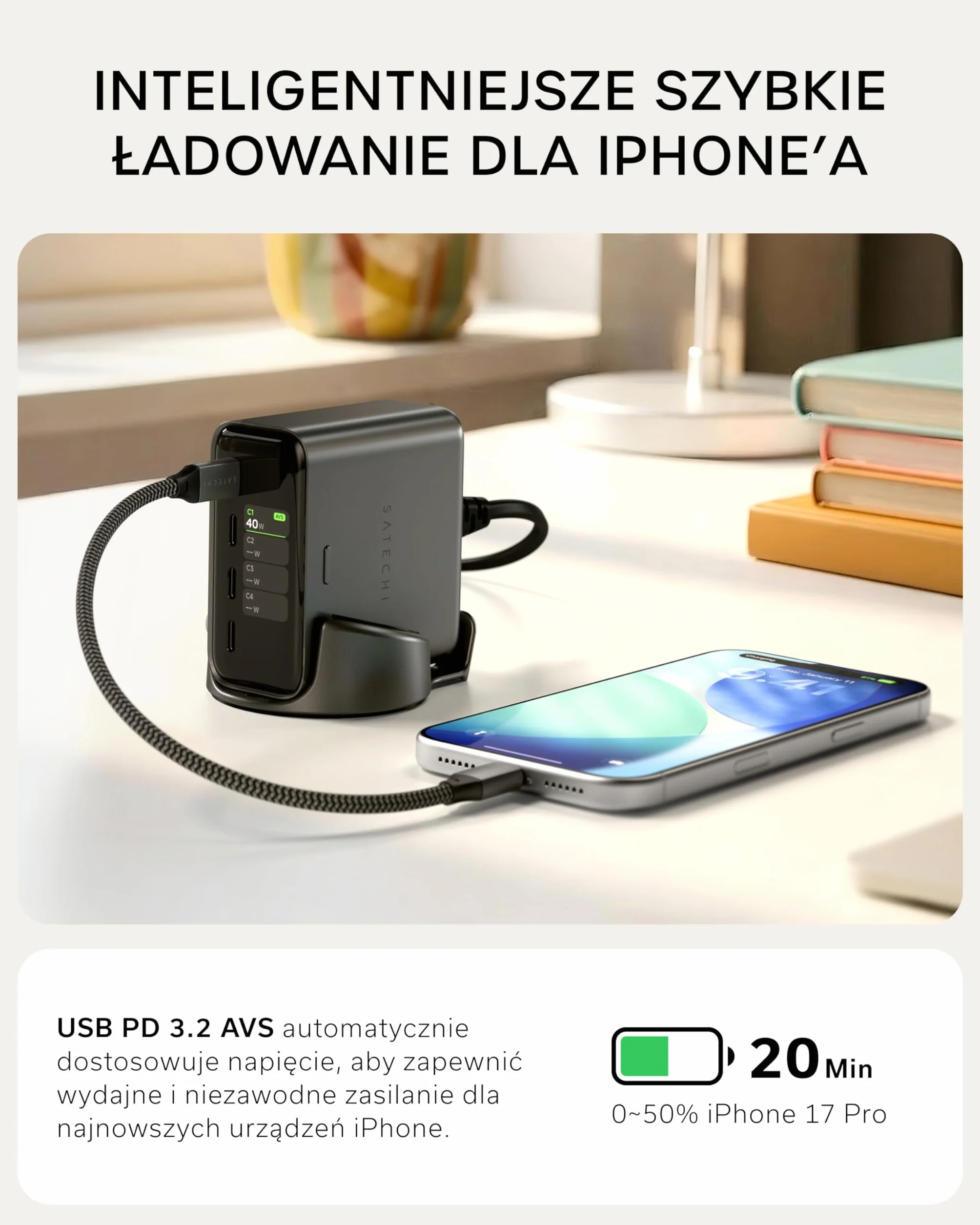 SATECHI ChargeView Ładowarka Biurkowa 140W Stacja Ładowania GaN z Wyświetlaczem Mocy Cztery Porty USB-C Kosmiczna Czerń