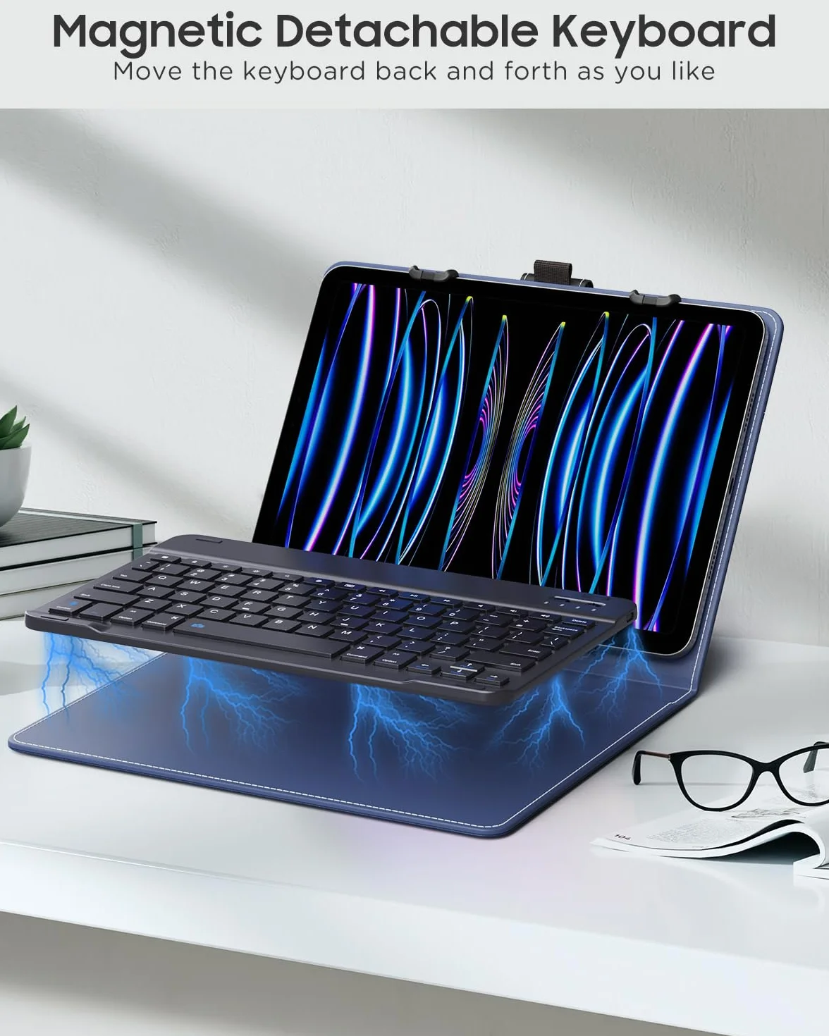 MoKo Universal Tablet Case with QWERTY Bluetooth Keyboard for 9-11 Tablets, Pen Holder, Dark Blue