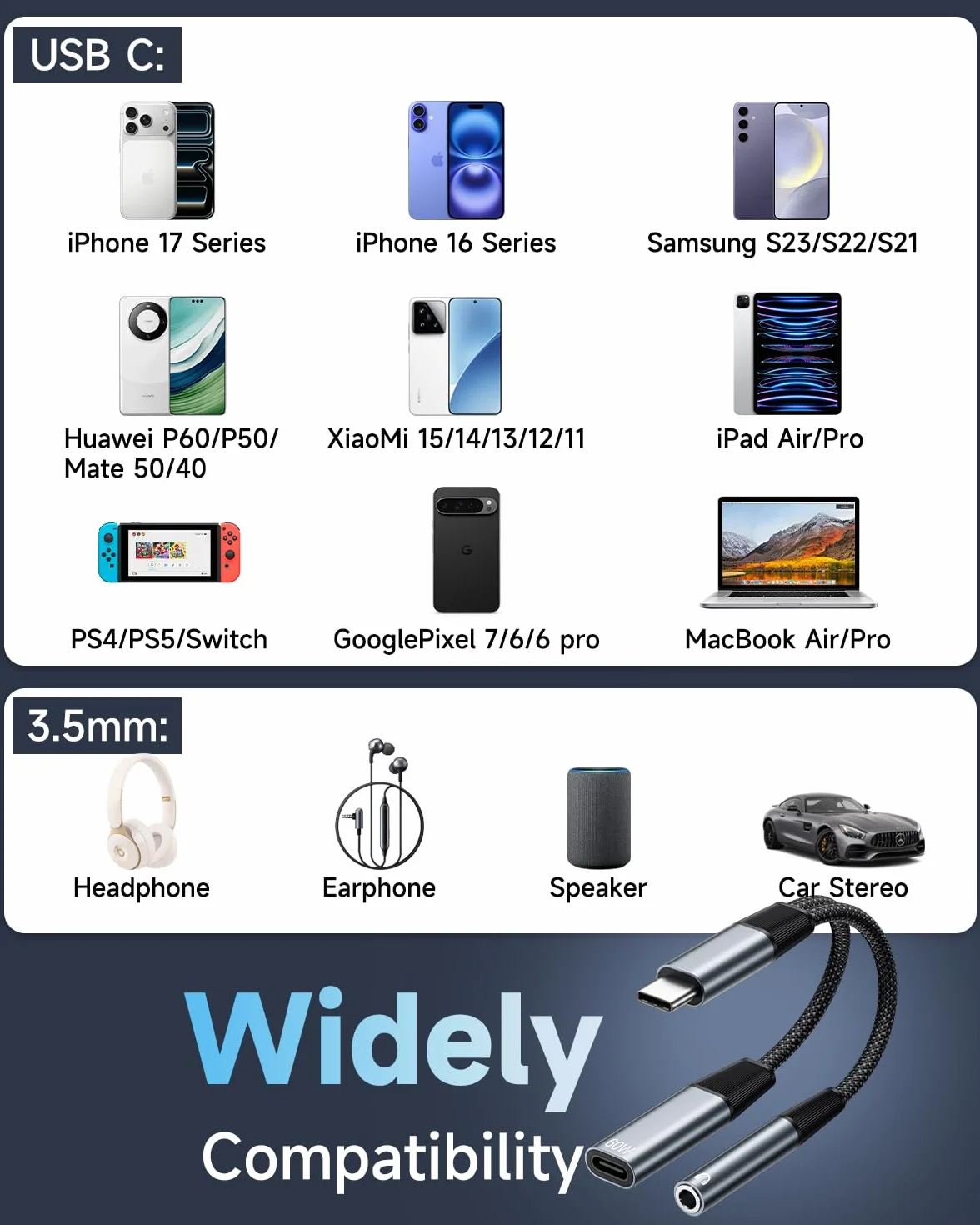 Adapter słuchawkowy i ładowarka USB C do 3,5 mm, adapter słuchawkowy Aux Audio typu C z kablem do szybkiego ładowania PD 60 W dla iPhone'a 17 16 15, iPada Air/Pro, Galaxy S25 S24 S23 S22, Pixel