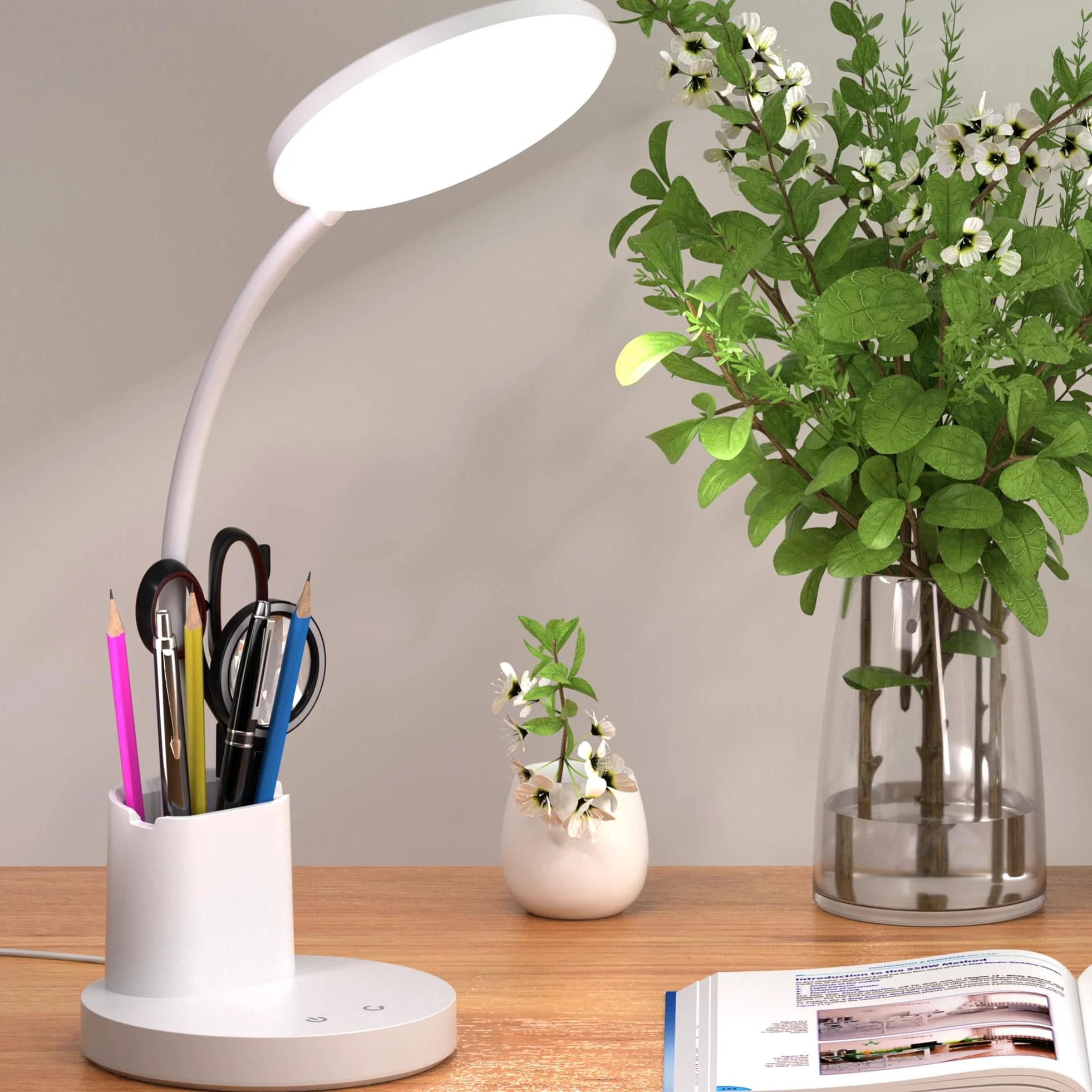 Lampa biurkowa LED, lampa biurkowa do domowego biura, dotykowa lampa stołowa z 3 trybami kolorów, regulowane ramię 360°, ściemniana lampa biurkowa z uchwytem na telefon, biała