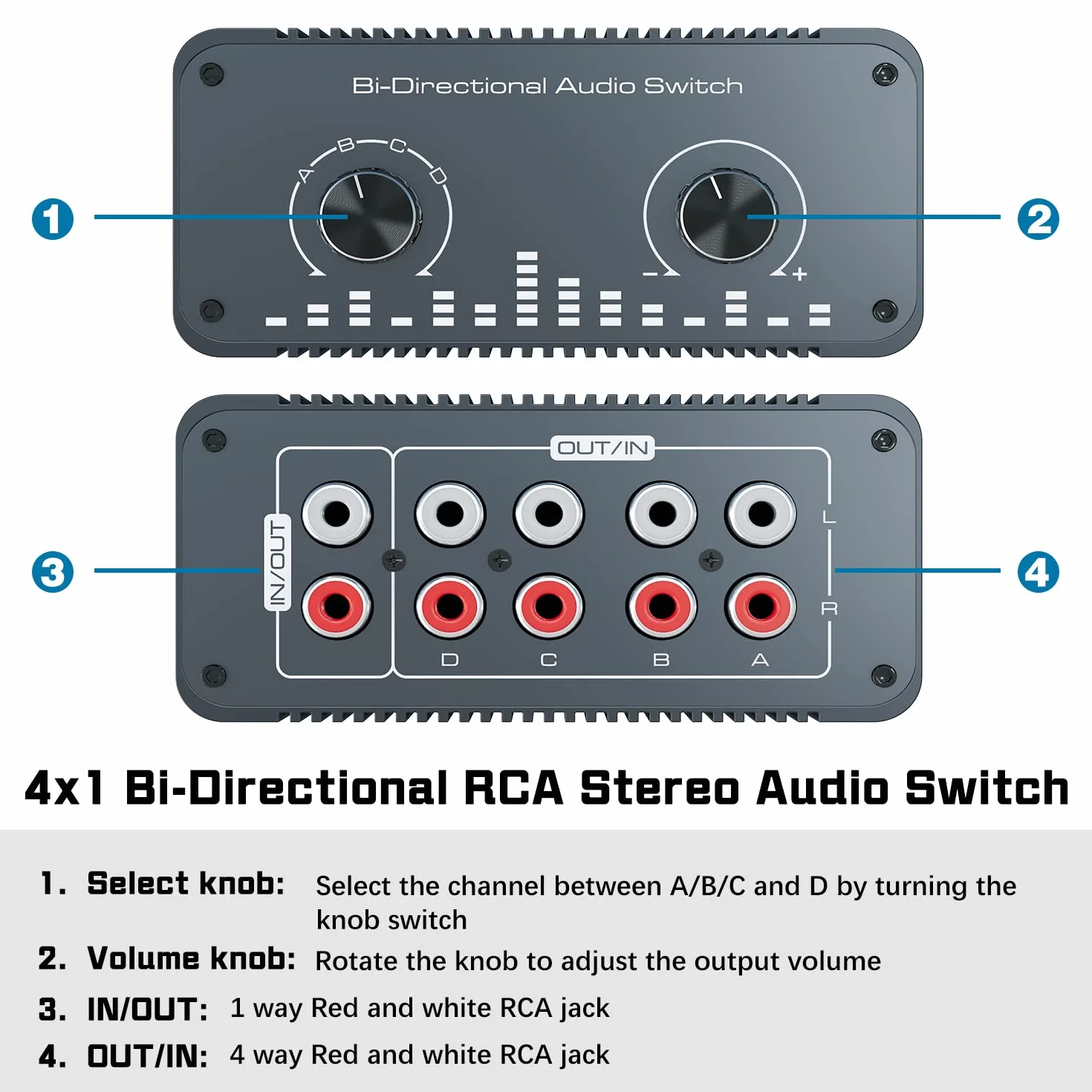 Tendak Bi-Directional RCA L/R Audio Switch Selector 4 in 1 Out / 1 In 4 Out, analogowy przełącznik audio stereo z regulacją głośności