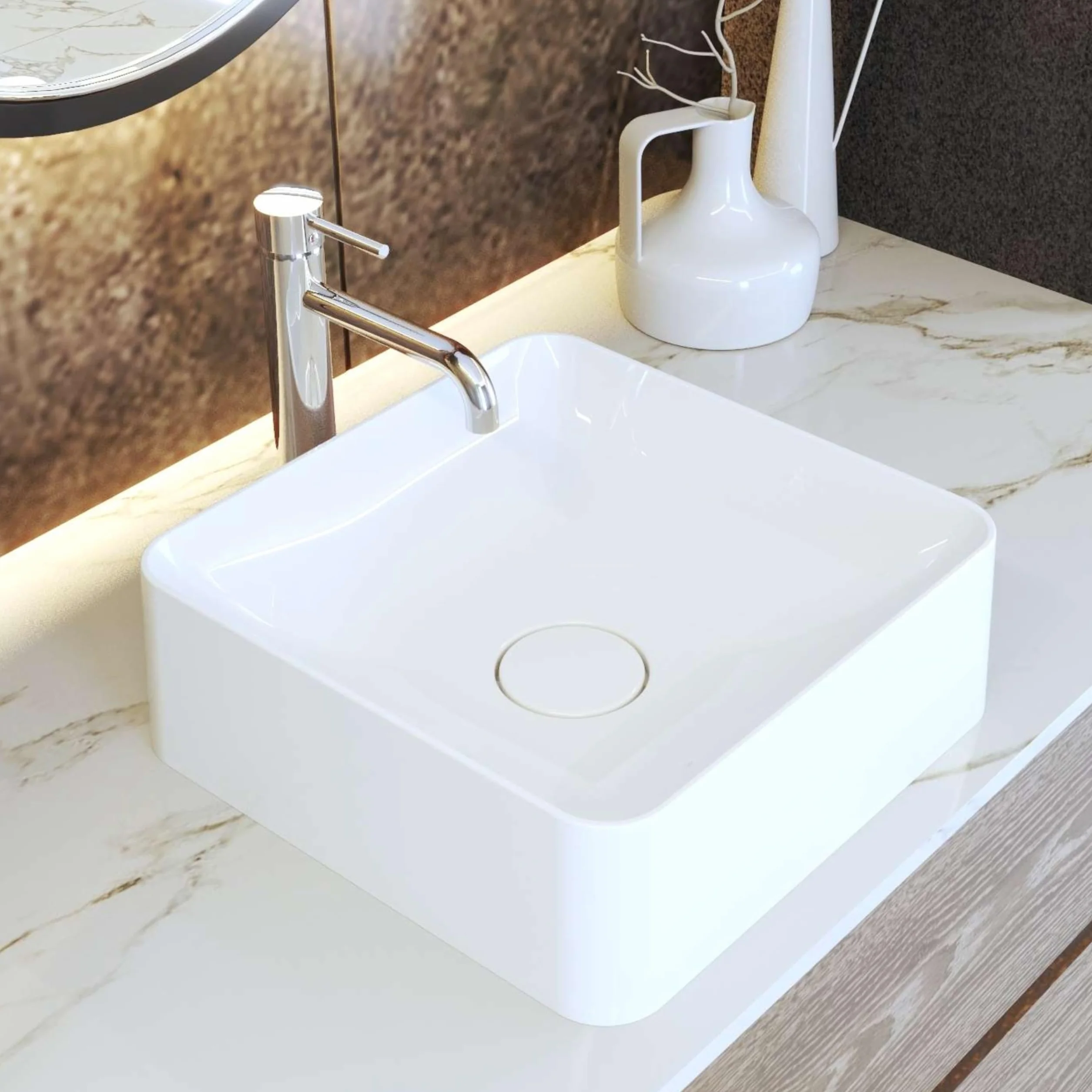 SINK Quality Umywalka nablatowa, biała, z połyskiem, 39 x 39 cm – umywalka kwadratowa bez otworu na kran z kompozytu mineralnego S-MARBLE, umywalka do łazienki i WC dla gości z pokrywą odpływu i