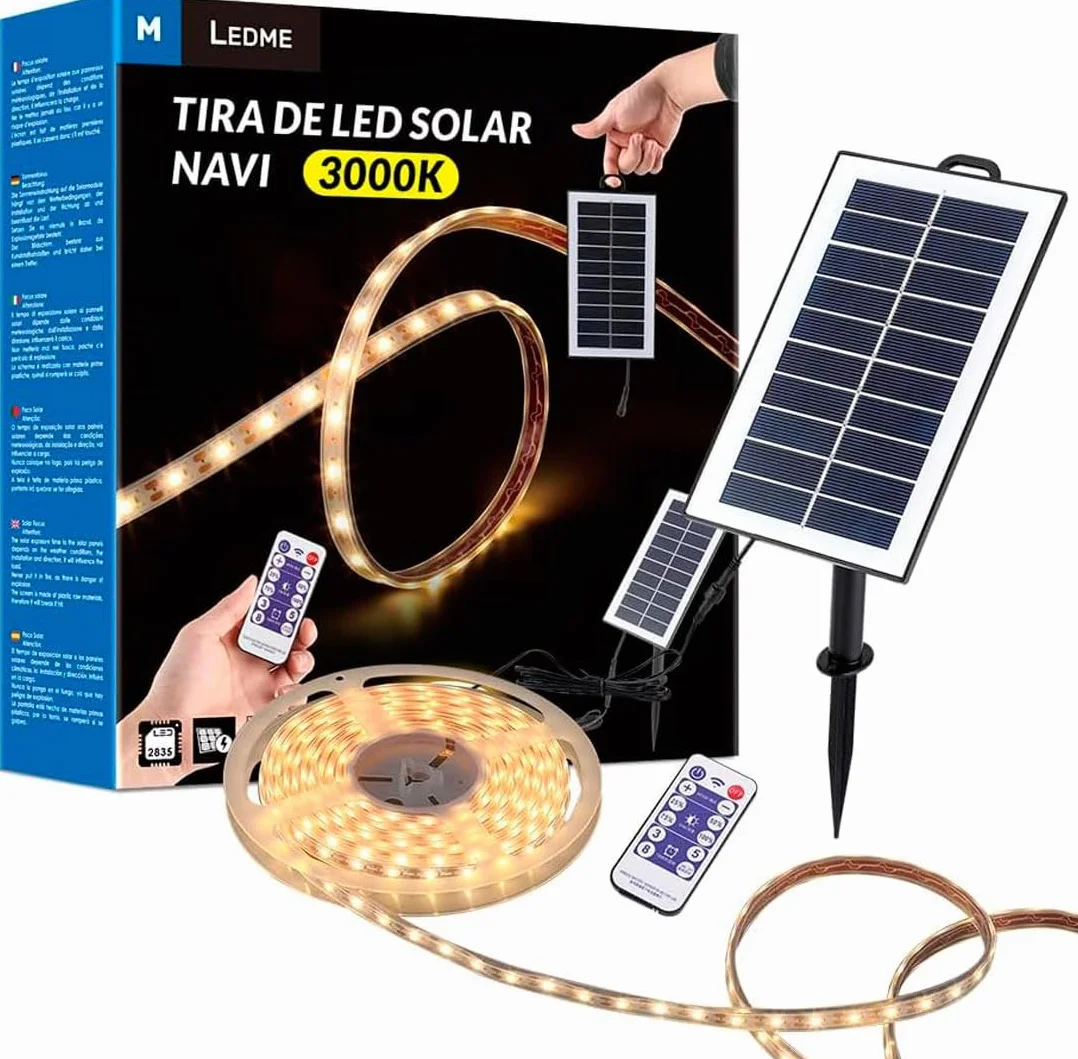 M Ledme - Zewnętrzna solarna listwa LED do ogrodu 5 metrów z pilotem, wodoszczelna IP68, 300 diod LED, ciepła biel, z zestawem instalacyjnym do paneli słonecznych, do ogrodu, domu, dekoracyjna