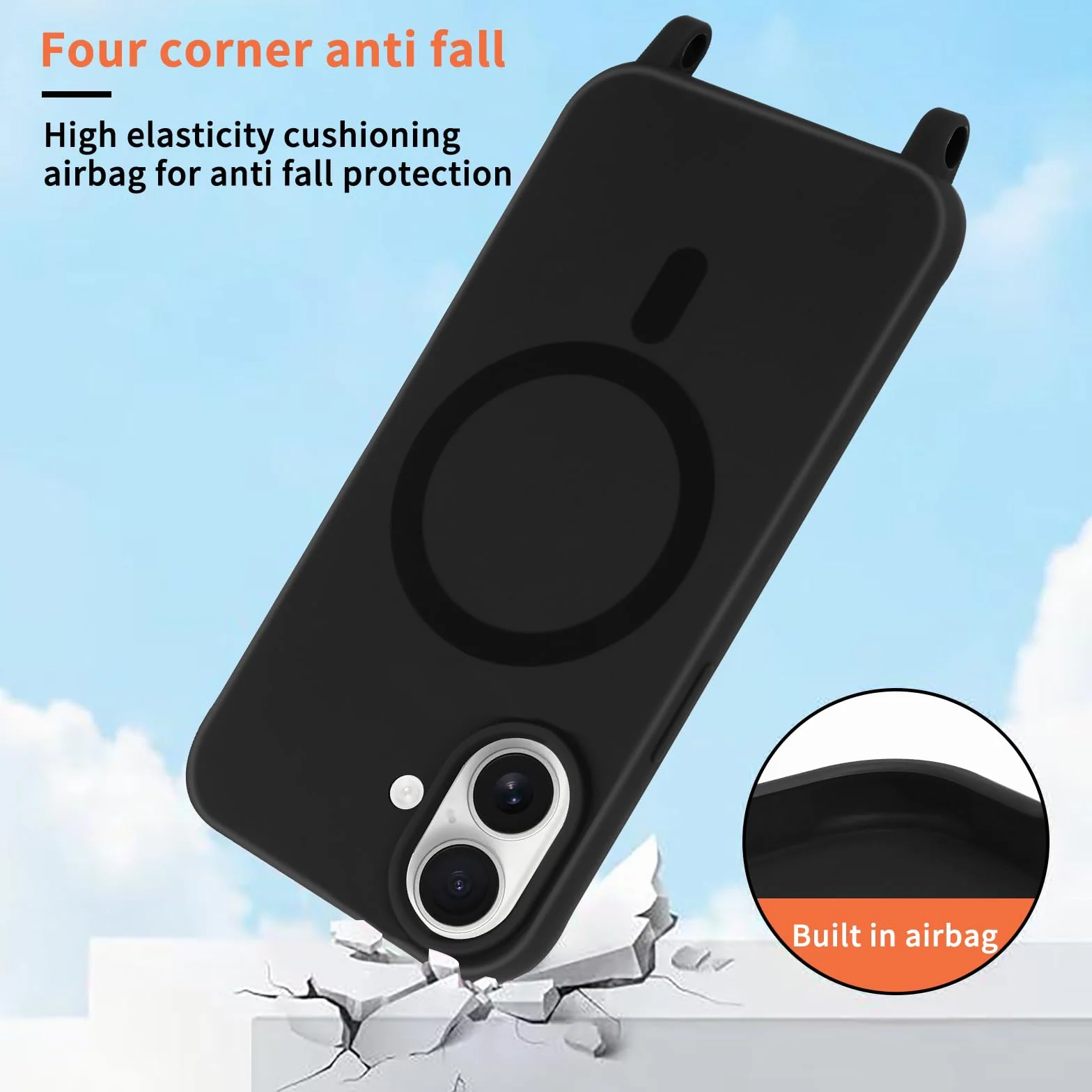 Magnetyczne etui silikonowe na iPhone 17 6.1" z paskiem na szyję, czarne