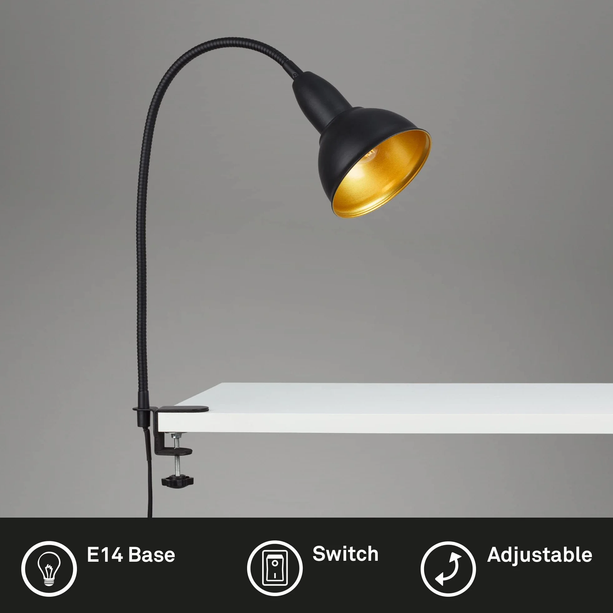 BRILONER Lampy – retro lampa zaciskowa, lampka do czytania w zestawie z elastycznym ramieniem, włącznik, 1 x E14, maks. 25 W, metal, czarno-złoty, 2603-015