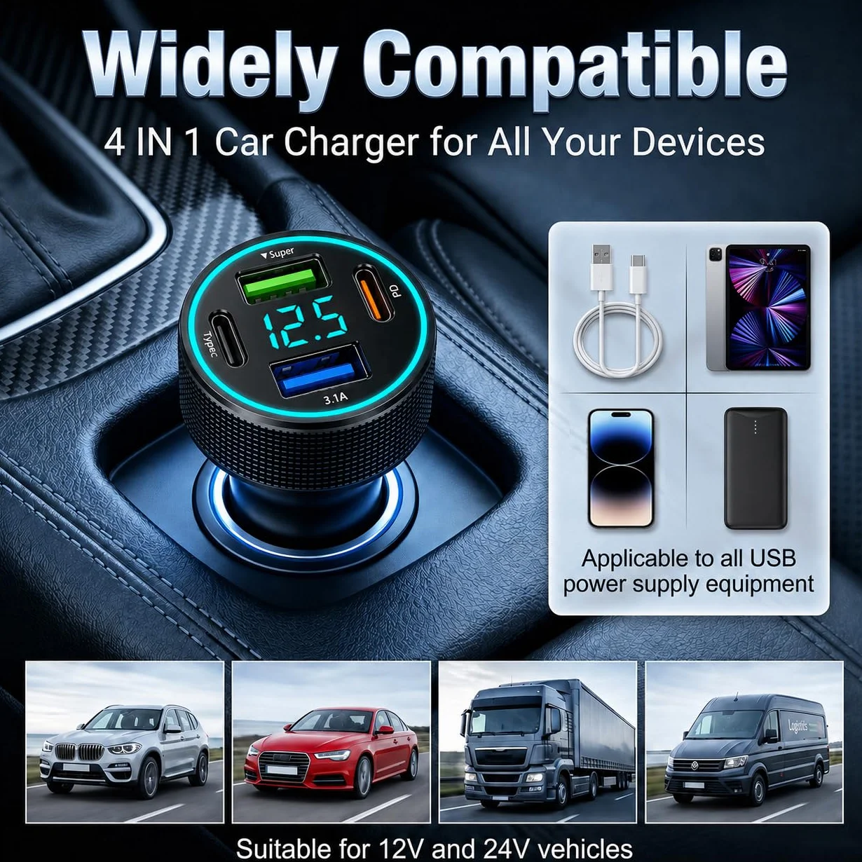 Ładowarka samochodowa 67,5W 4 porty USB C PD 30W USB A QC 22,5W z wyświetlaczem LED napięcia 12V/24V