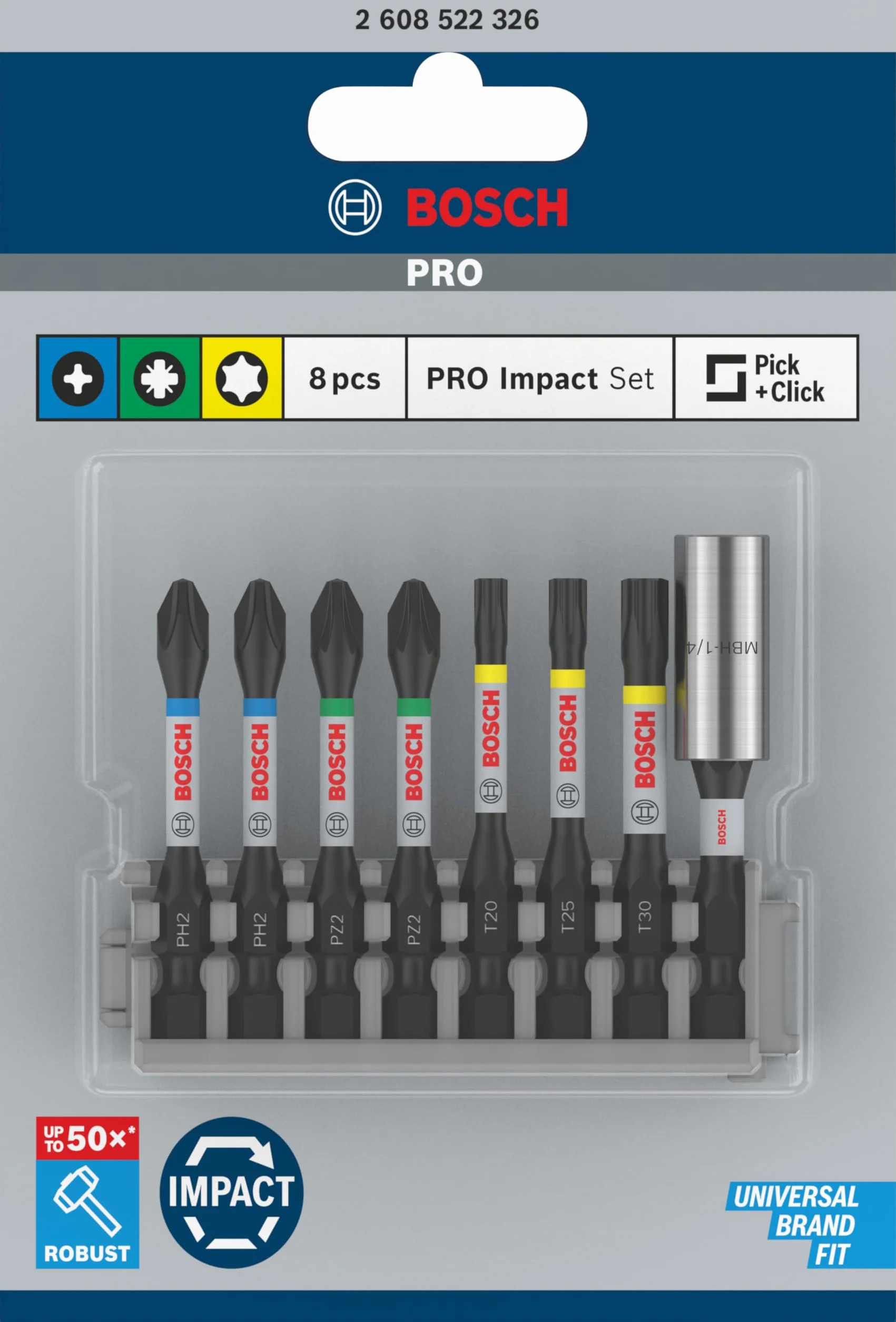 Bosch 8x PRO Impact Set ze standardowym uchwytem do bitów i indeksem Pick and Click (170 x 120 mm, Professional Akcesoria Śrubokręt, Śrubokręt)