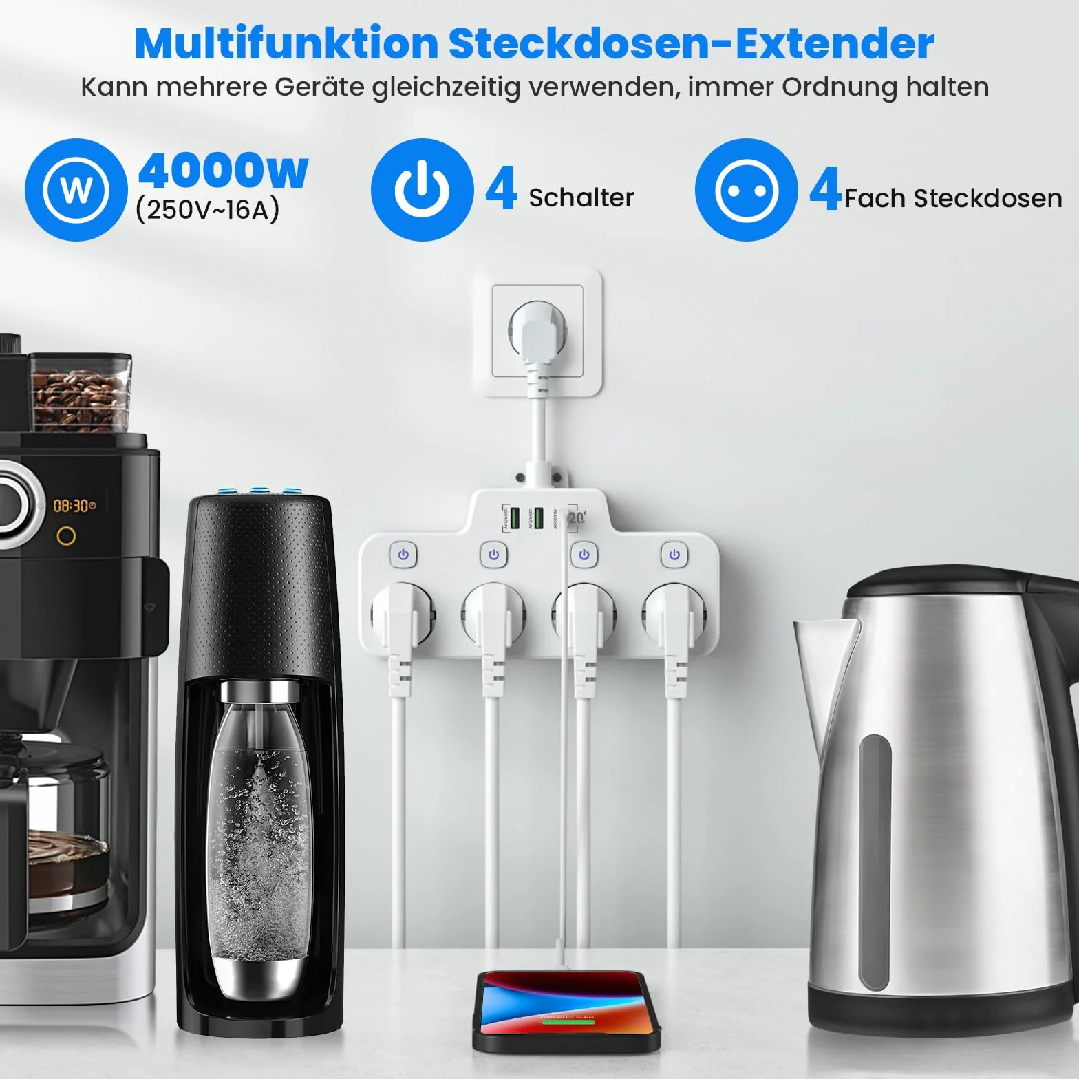 Listwa Zasilająca USB C PD 20W 4 Gniazda z Przełącznikiem Biały Kabel 0.15m