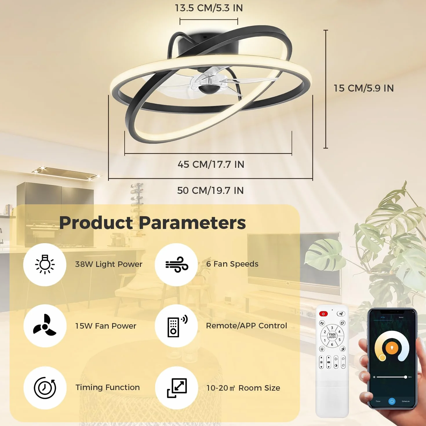 Wentylator sufitowy ze światłem, wentylator sufitowy 50 cm z inteligentną aplikacją, nowoczesna i cicha lampa sufitowa, 3 temperatury barwowe, 6 prędkości do salonu, sypialni, kuchni