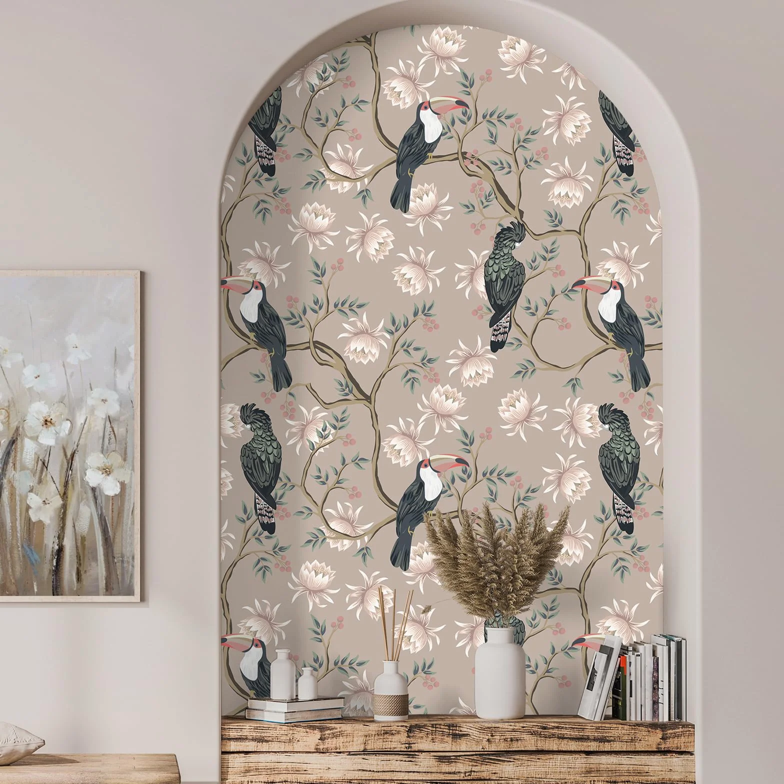 VEELIKE Tapeta kwiatowa z zakurzonymi różowymi ptakami, vintage chinoiserie, samoprzylepny papier kontaktowy z motywem liści, egzotyczna botaniczna sztuka ścienna, wzorzysty tropikalny mural ścienny